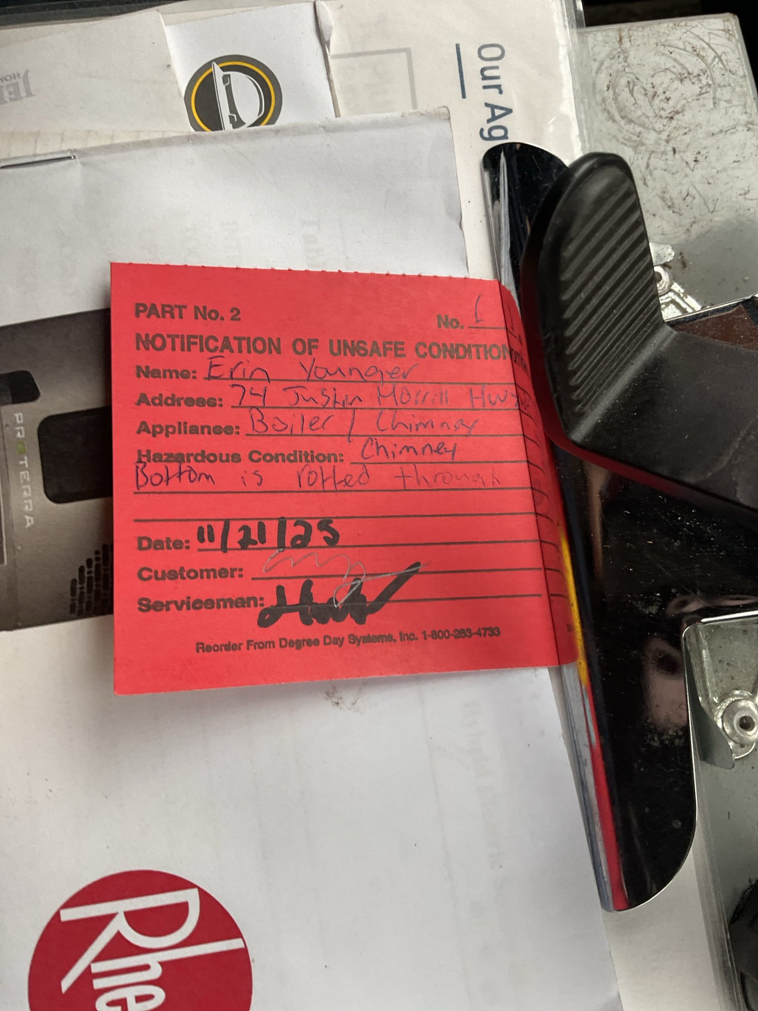 The customer reported that they were not getting heat to the second floor and believed the expansion tank might need replacement. Upon inspection, I found that the system has one circulator, which was loud and making noise. I also discovered that the boiler had no water pressure.

After starting the boiler, I observed that the bottom of the chimney was rotted out and the boiler was not drafting properly. I immediately shut the boiler down. The customer mentioned that they had been noticing odors in the mudroom at times. Underneath the boiler, there were signs of combustion byproducts, giving the appearance that the boiler sections may be separating. The boiler is heavily sooted due to the lack of proper draft.

Additionally, the connections on both the indirect water heater and the hot water coil are severely corroded. Given the condition and age of the system, we recommend full boiler replacement. The customer will also need to have a qualified professional inspect the chimney.

The b