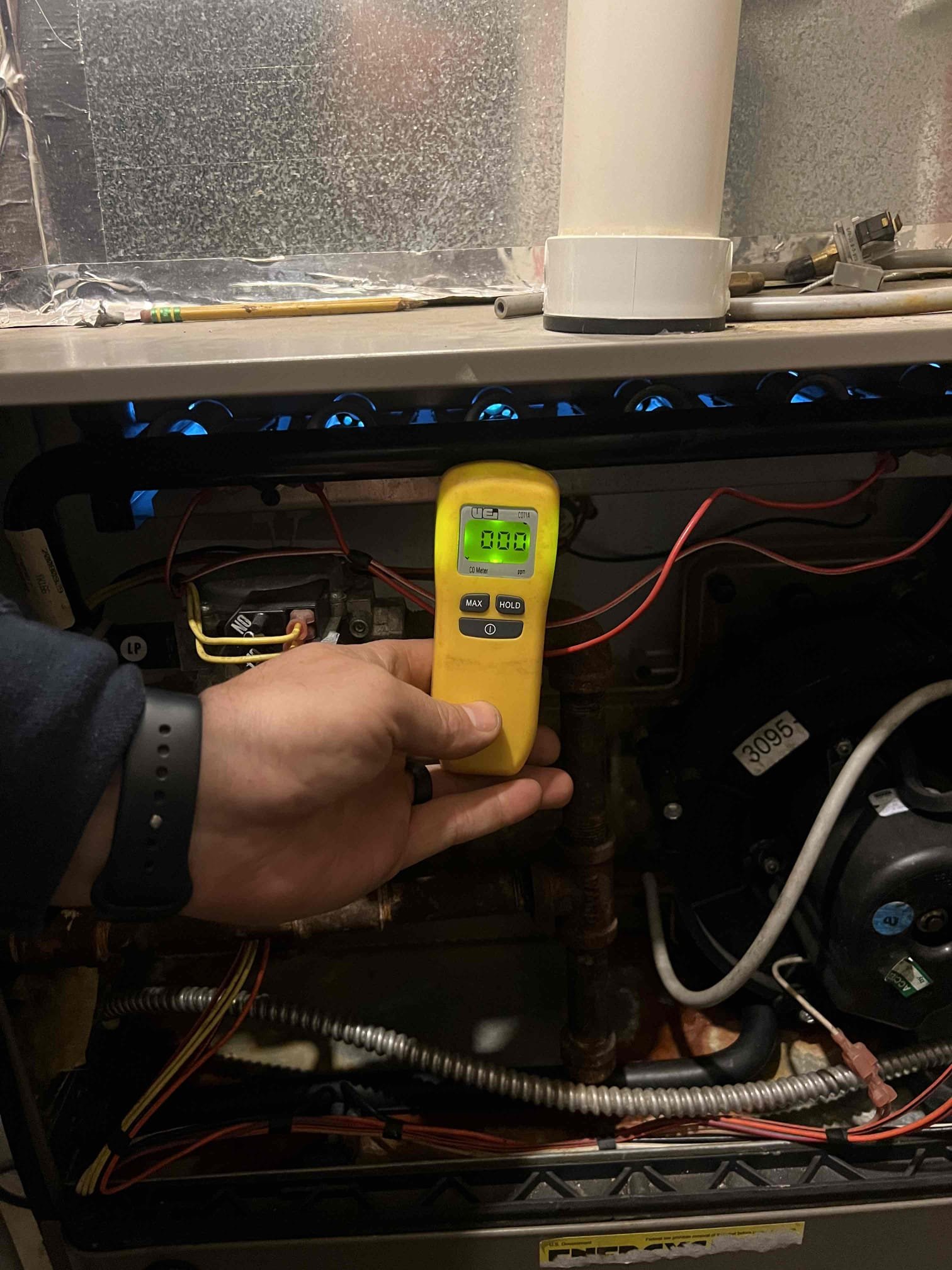 I arrived at the client's home to diagnose a no-heat issue on a propane boiler. Upon inspection, I found the wiring loose, which was causing the boiler to not fire. I secured the wiring and the boiler fired properly. I also noticed water leaking from the condensate pan, which I will investigate further. I checked the carbon monoxide levels and found no leaks. I am currently having trouble locating the condensate gaskets, and I will provide an estimate once I have that information.