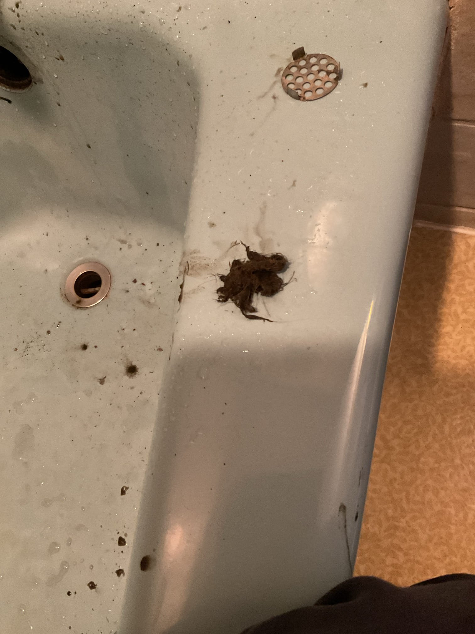 I am a home service technician, and I recently completed a plumbing job at a residence. The bathtub and lavatory drains were found to be slow due to buildup restricting flow. We attempted to clear the lines using Thrift drain cleaner, but when no improvement was observed, we removed the lavatory trap and used an electric snake to clear a large hair blockage. The trap was reinstalled and the drain was tested, confirming proper flow with no restrictions.
For the bathtub, Thrift treatment also produced no improvement, so we removed the trip lever assembly and snaked the overflow line, removing a significant hair blockage. After reinstalling the overflow, the tub was tested and drainage was fully restored.

We also found the lavatory’s chrome P-trap leaking due to prior attempts by homeowner to clear the blockage. We recommended replacing it with a new plastic tubular P-trap to provide a reliable, properly sealed connection. The new trap, tailpiece, and chrome bell cover were installed and