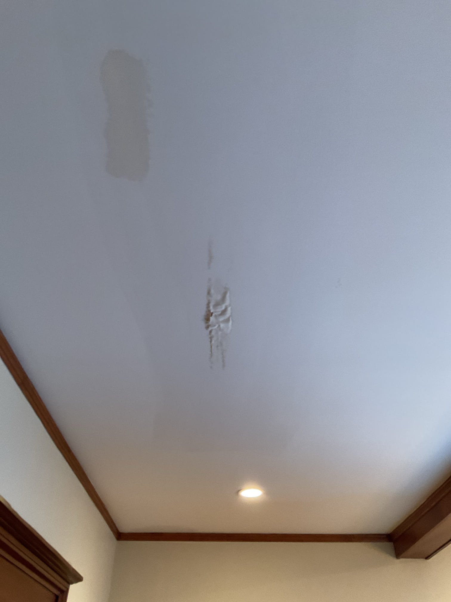 The customer had signs of water damage in the dining room below the laundry room, a toilet that was flushing poorly, and a kitchen faucet that was dripping by. The customer stated the laundry supply lines had been leaking and that he had replaced them. The water damage had since dried up indicating that the supply line was the cause. The toilet had a drain snake in it from when the customer tried to snake it. The tech removed the drain snake and upon doing that pulled out some debris. After that, the toilet drained fine. The tech also ran water into the washer drain to test for leaking in the drain and for blockages in the drain. Water ran by fine with no signs of water damage. The tech also looked into replacing the hot side cartridge in the kitchen sink. The tech sent the estimate for this replacement.