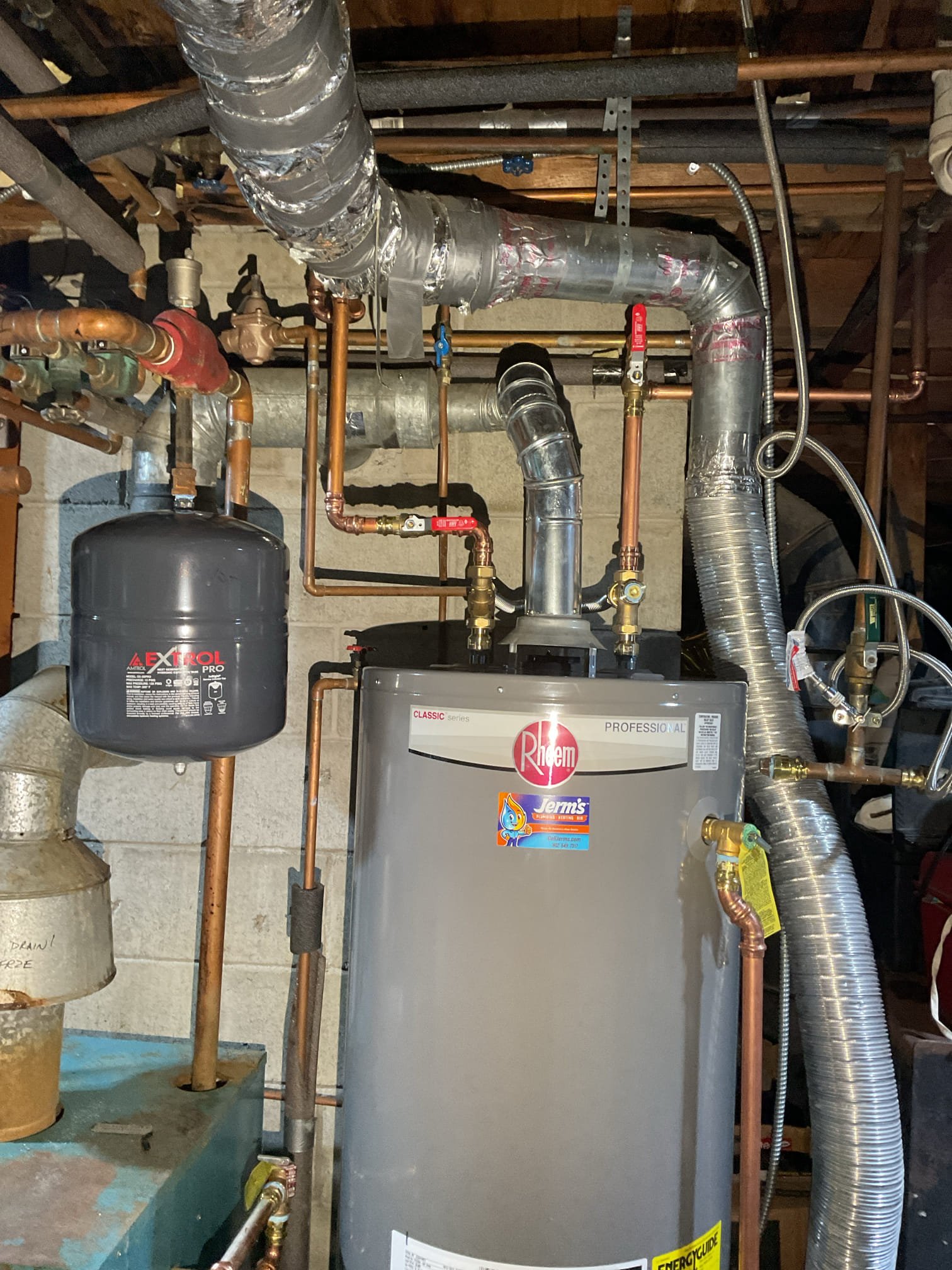 Arrived on site to replace failed water heater. We started by turning off gas supply. We then removed the old tank and installed the new one. We installed a mixing valve which will help with efficiency. We set it to 4.5 on the dial which is around 120 degrees. Gas valve is set to B which is about 140 degrees to prevent legionnaires. We installed new ball valves on both the hot and cold water lines coming off of the water heater. We hooked the fan back up to the gas valve. Hooked up the gas line using the existing flexible copper line. We also installed new venting up to the tee by the chimney. Once tank was set and fully installed, we turned water and gas back on to check for leaks. No leaks present. Purged hot and cold lines of air. System is operating properly and you should have hot water in an hour or so.

Thank you for your business!