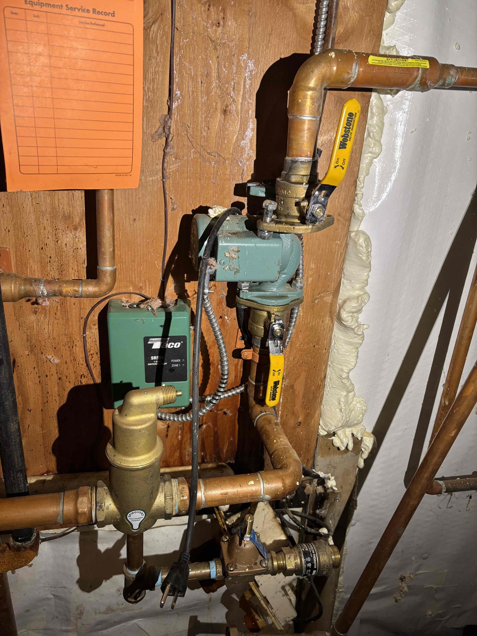 Winterize system by draining it down, blowing out water lines, and pumping a mixture of anti freeze and water into the system to prevent freezing in the lines. 

Jeremy- We winterized the heating system. We blew compressed air through the heating loop several times to clear as much water as possible. I removed and drained the expansion tank, disconnected the boiler fill valve and drained the pipe leading up to it. I blew compressed air through the boiler and domestic plate exchanger.

Dan-I blew compressed air through the water lines at the pressure tank, on the washer machine valve on the hot side, and through the washer valve on the cold side. I then pump a solution of diluted antifreeze through the lines and blew air through the lines again after this. I then removed the sediment filter housing, poured antifreeze into the toilet tank and bowl, shower trap, kitchen sink trap, lav trap, and washer drain trap. 

Payment must be collected 