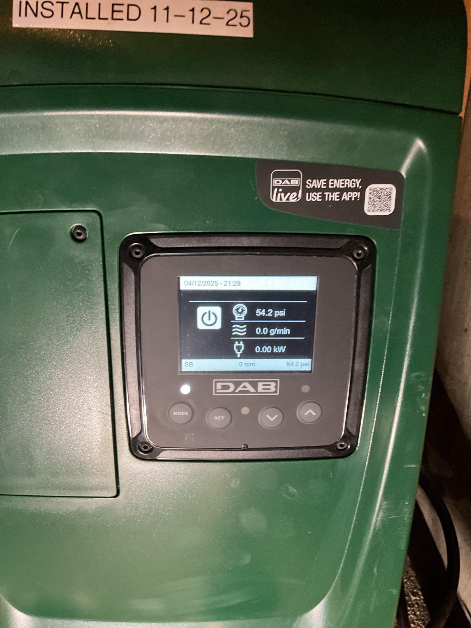 For this visit, we completed the installation of the DAB booster pump. Homeowner had a new outlet installed near pump location allowing proper operation of pump. During the previous visit, the check valve was installed on the incorrect side of the pump, and due to time constraints, it could not be relocated at that time. Today, we repositioned the check valve correctly and added a new shutoff valve on the outlet side to allow easier future maintenance. We adjusted the pump pressure to 55 PSI, set the water heater expansion tank accordingly, and tested the system for proper operation. No leaks were observed at the time of departure.