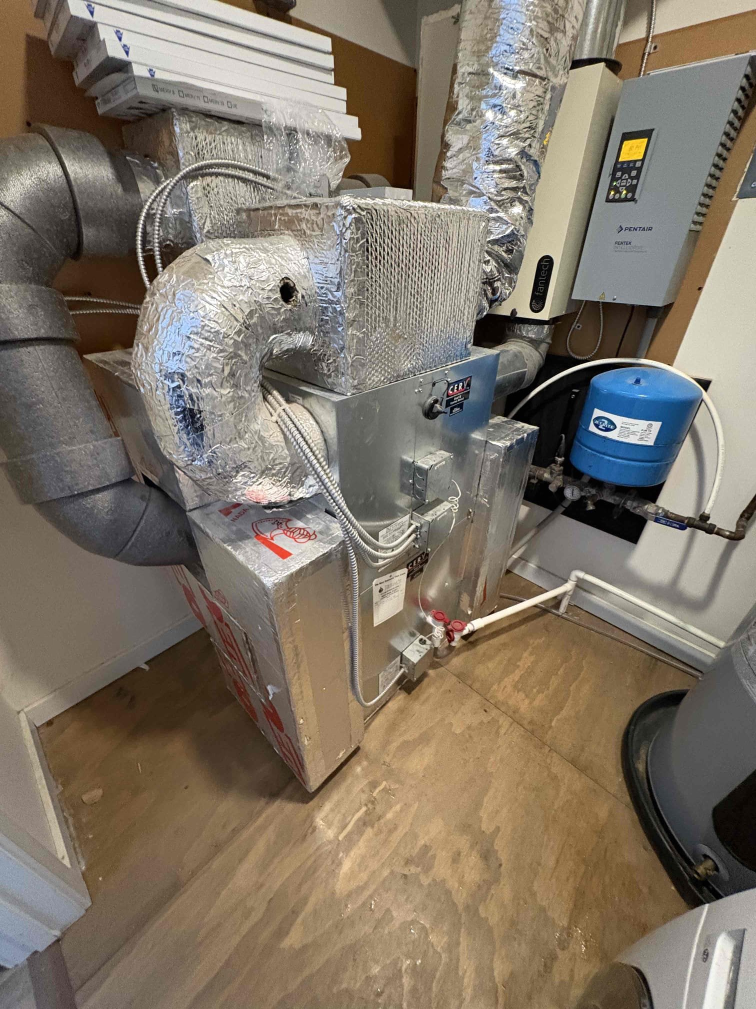 Performed an inspection of the CERV air exchange system. Removed all supply and return duct connections from the unit, then vacuumed and brushed all dust and debris from the interior of the duct connections and the unit. Visually inspected the coil; it is very clean and appears to be in good condition.

Tested all electrical components and verified proper amp draw for both the supply and return fans. Confirmed the condensate is draining properly and installed a condensate cleaning tablet in the drain pan. Inspected and confirmed that clean filters are in place.

Reassembled the system, restored operation, and confirmed proper performance of the unit.
