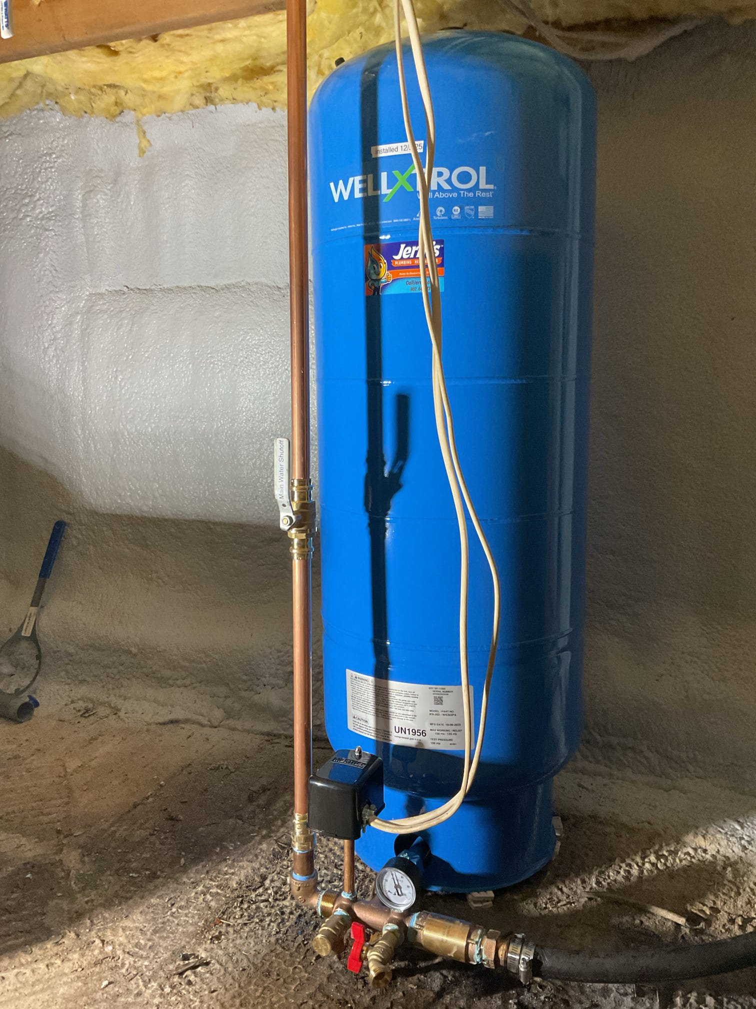 The existing well tank had failed and caused short cycling of the well pump. To avoid causing damage to the pump and restoring normal operation of water usage we installed a new 32 gallon well tank. Homeowner also noted large amounts of sediment which was visibly observable for sediment deposits had accumulated several inches inside the canister in just 3 months. To try and extend the life of his sediment filters we also installed a spin down filter before his existing filter which should catch the larger sediment. This filter allows homeowner to open a valve and flush the sediment out rather than constantly replacing the sediment filter. 