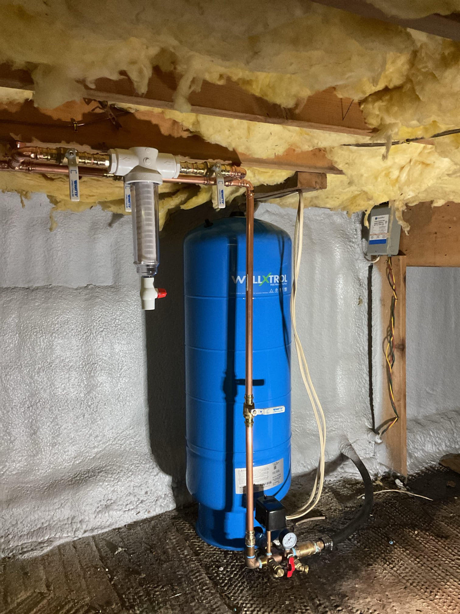 The existing well tank had failed and caused short cycling of the well pump. To avoid causing damage to the pump and restoring normal operation of water usage we installed a new 32 gallon well tank. Homeowner also noted large amounts of sediment which was visibly observable for sediment deposits had accumulated several inches inside the canister in just 3 months. To try and extend the life of his sediment filters we also installed a spin down filter before his existing filter which should catch the larger sediment. This filter allows homeowner to open a valve and flush the sediment out rather than constantly replacing the sediment filter. 