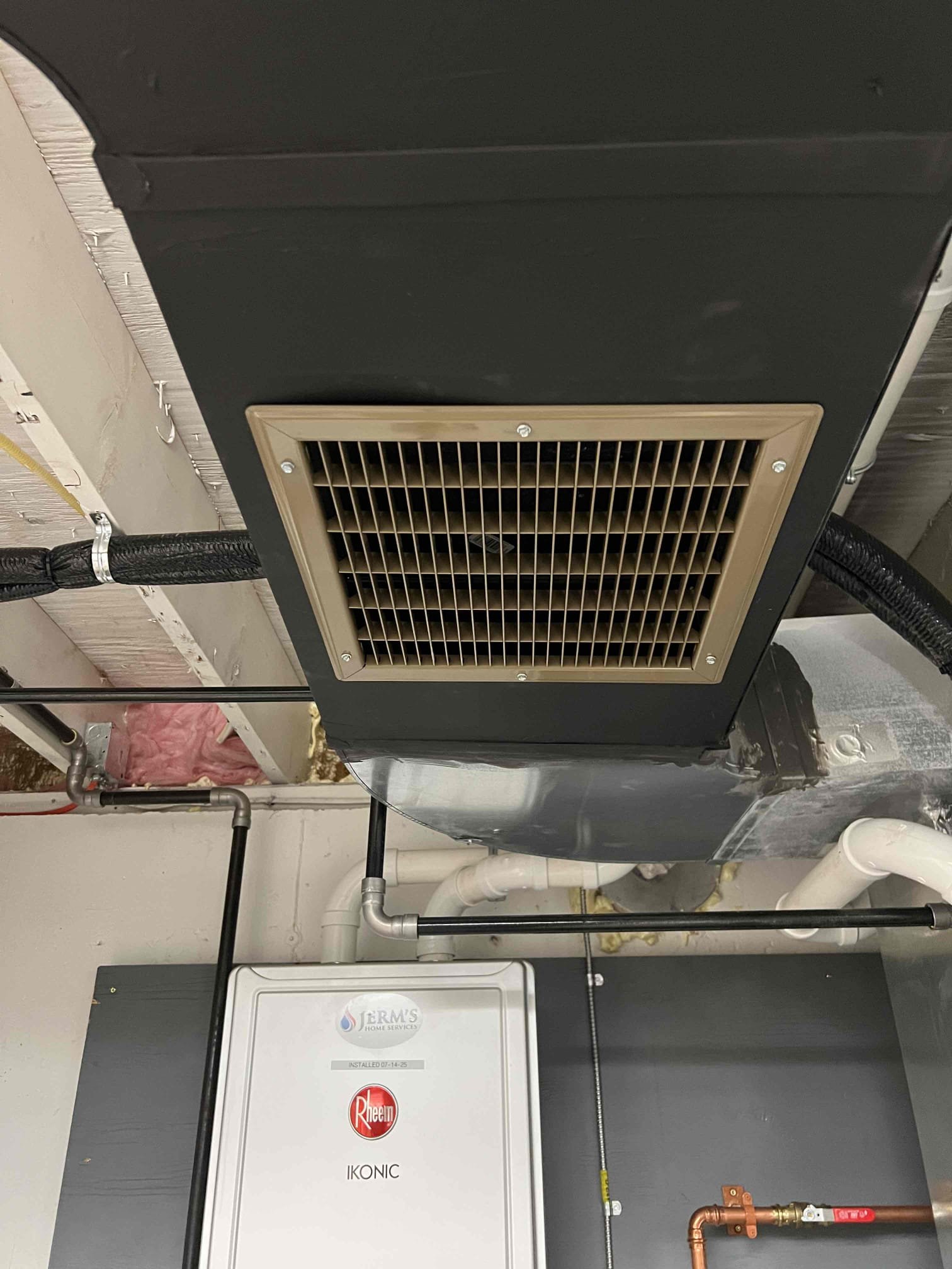 Arrived onsite to diagnose a no-heat issue. When the air filter was removed, the furnace operated properly. After reinstalling the air filter, the flames went out and the furnace displayed a code 57 (pressure switch open). I found a plastic hole cover missing, which separates the fan compartment from the burner compartment. After reinstalling the cover, the unit ran properly.

The system only has one return, and I believe the insufficient return air was creating excess pressure and pulling air through the intake and exhaust venting. To correct this, I installed a 12x12 return grille in the mechanical room. The system is operating properly at this time.

The tankless water heater’s display is broken. I contacted tech support, and they will send a replacement display to the customer once it is off backorder. I advised them to call us when they receive the part so we can install it. The water heater is functioning properly aside from the display.

All work today is covered under Jerm’s 1 