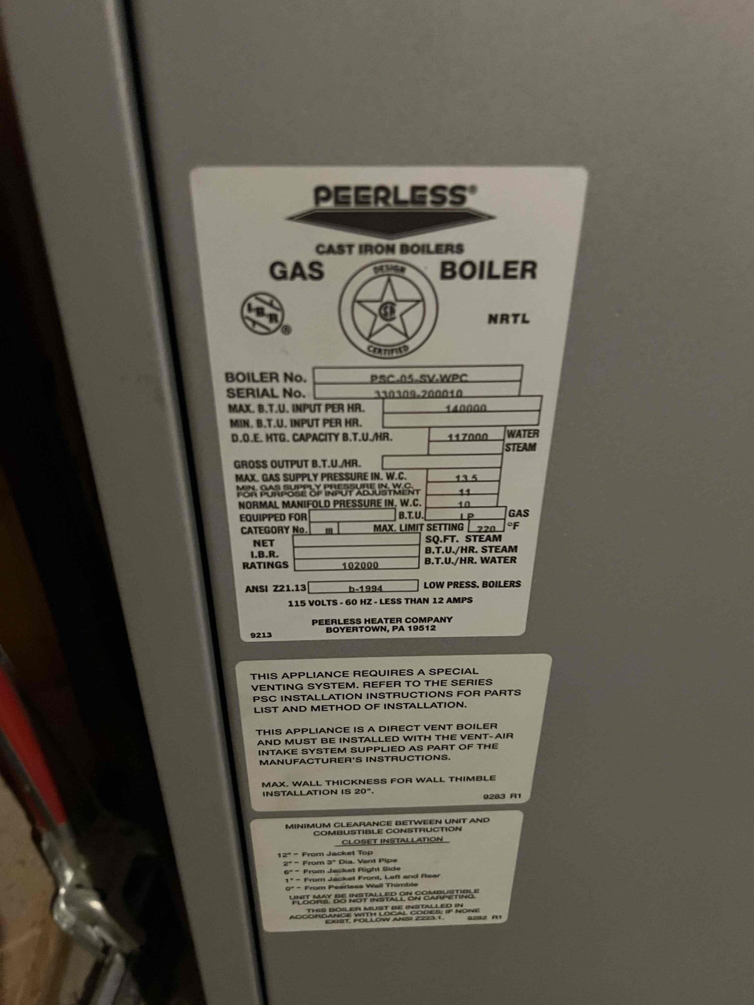 Performed annual tune-up on a Peerless propane boiler.
Cleaned the burners, heat exchanger, igniter, flame sensor, and pilot assembly. Inspected safety controls, relief valve, expansion tank, venting, and overall hydronic system function. Bubble-tested the pilot line and checked carbon monoxide levels—no leaks detected. Flushed sediment from an indirect water heater. 3 of the burner were showing signs of wear, I recommend replacing them and they would like us to do it after the holidays, we’ll call to schedule. Verified proper operation; the system is functioning correctly at this time.