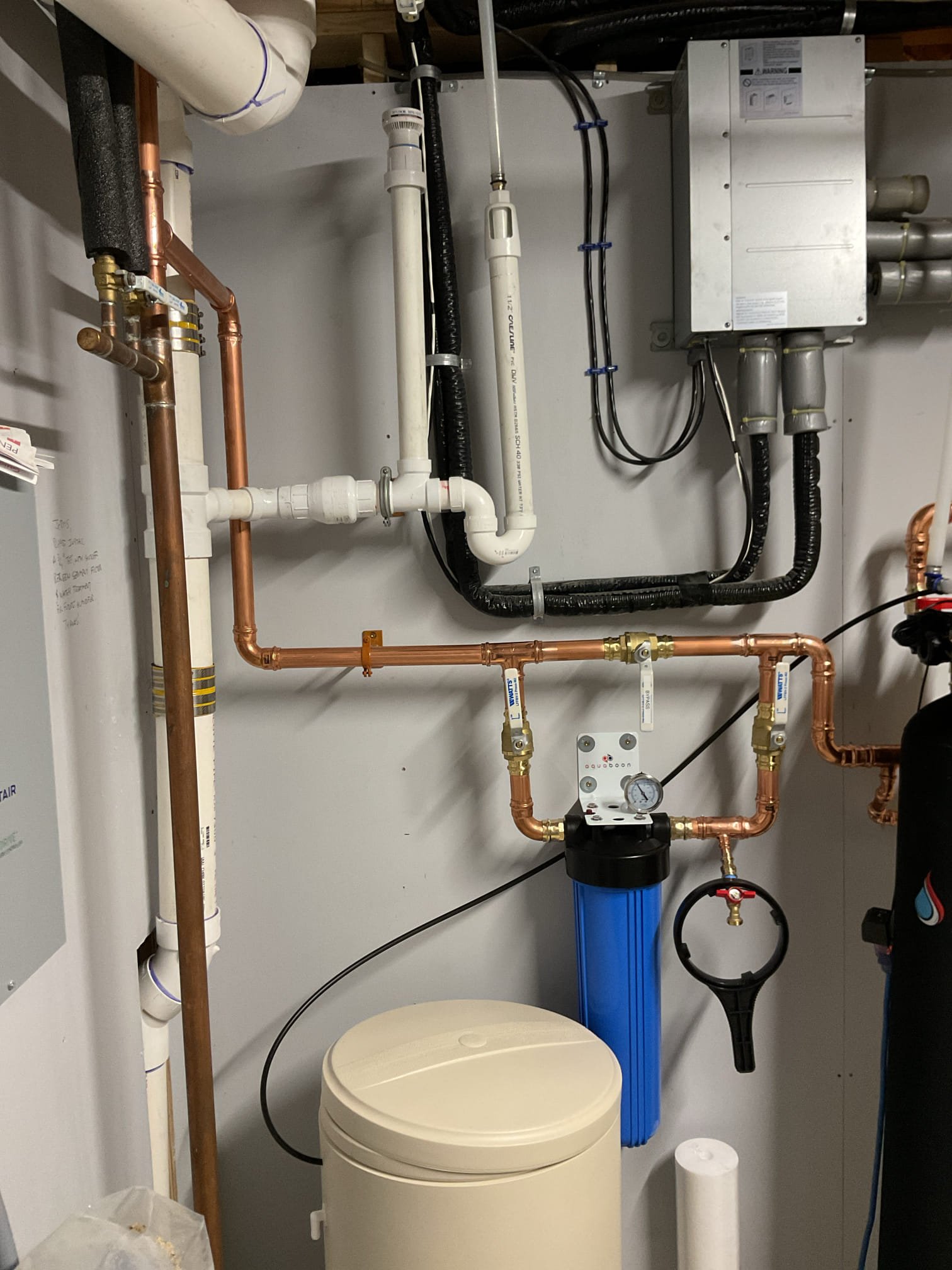 Customer needed a 4x20 sediment filter and softener installed. I cut into the existing 1-1/4” copper pipe and installed a ball valve to act as a bypass for the softener and filter. I then plumbed in the sediment filter with a boiler drain and threeway bypass. I installed the sediment filter and back wash drain in the main drain stack. I also added a 3/4” ball valve between the filter and softener as per the customers request. I capped this line to avoid any accidental flooding. 

I started up the system by bleeding the air out of the media and flushing it. I then set the settings of the system. I set it to 12 grains and a 28 day regen cycle. 

System is working well with no leaks present at time of service. 

Customer would like to pay the invoice via email and would like to get on the schedule for a service next year. 

https://entipur.com/wp-content/uploads/2016/05/Entipur-OwnersManual.pdf