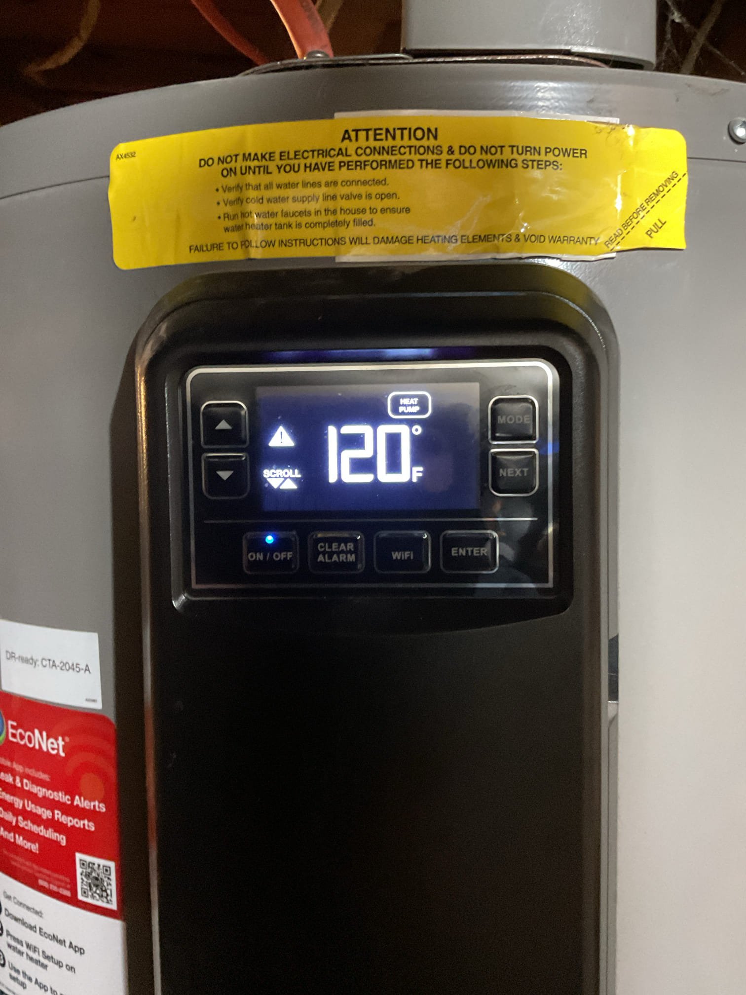 For this job, we came out to diagnose the water heater and found it displaying an evaporator temperature sensor failure, along with difficulty maintaining the set temperature. Based on our evaluation, we determined the issue was likely caused by a failing sensor. The customer chose to contact Rheem directly to obtain the necessary replacement parts for their 40-gallon unit, manufactured in June 2023. We also provided estimates for installing a mixing valve and repiping the water heater with proper 3/4” hard piping, as the unit is currently piped entirely in PEX. We will prepare estimates for repairing the sensor issue once the customer receives the appropriate parts.