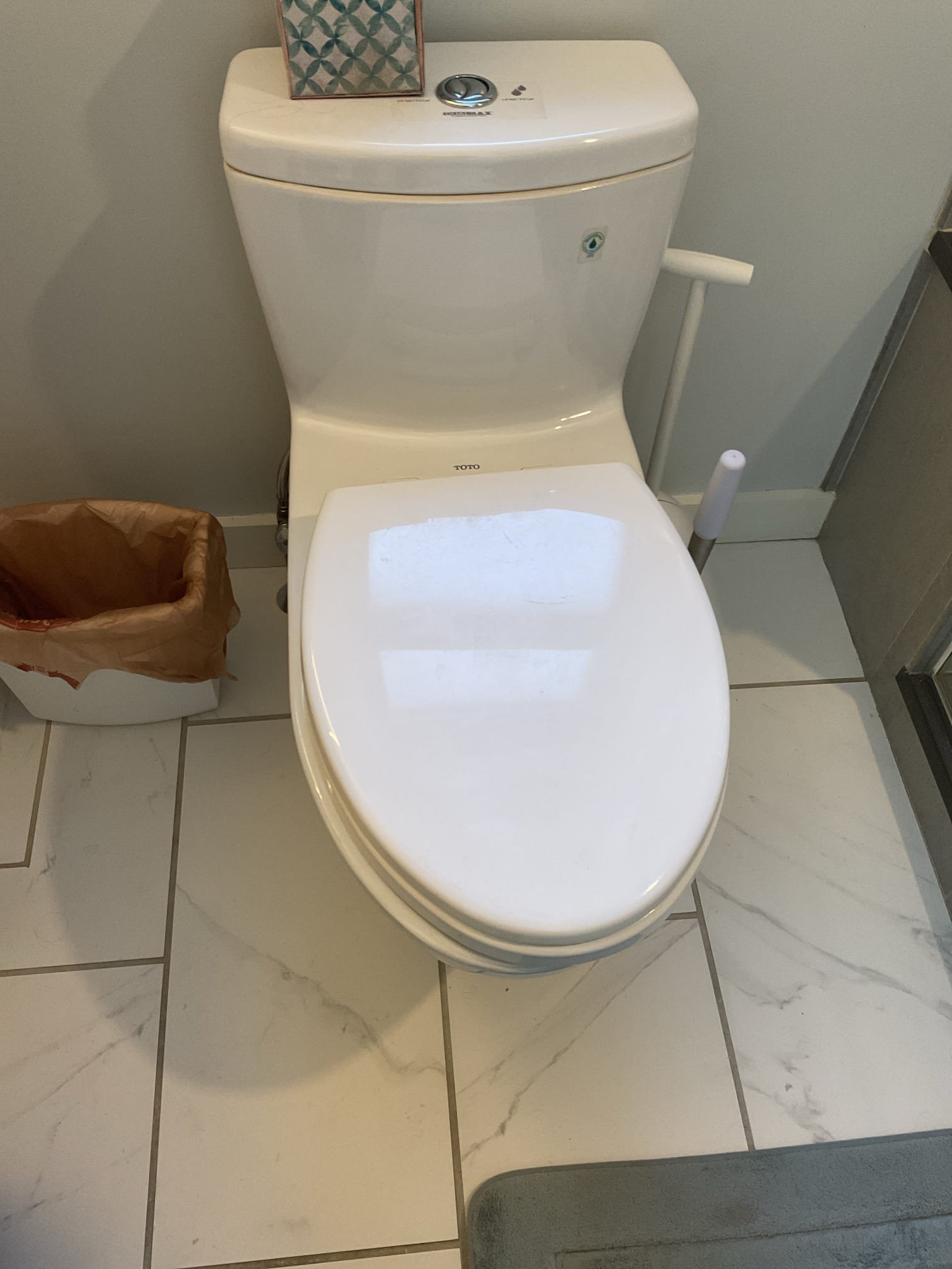 Fastened the existing Moen kitchen faucet to the counter and zip tied the supply lines out of the way to the pull down weight wouldn’t get caught on them. Also removed the Toto toilet seat and installed homeowner supplied Toto washlet bidet toilet seat