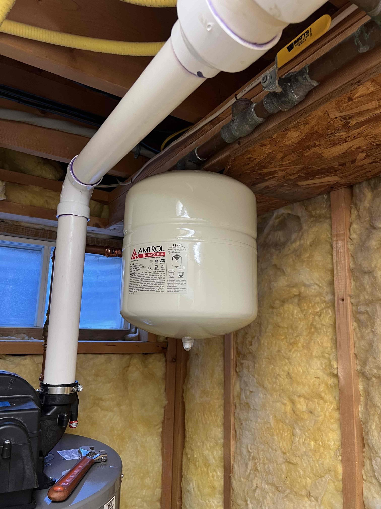 Replaced st-5 expansion tank with a st-12 due to it being undersized. Set air pressure to 45 psi to match incoming water pressure. Verified operation and system is working properly at this time.