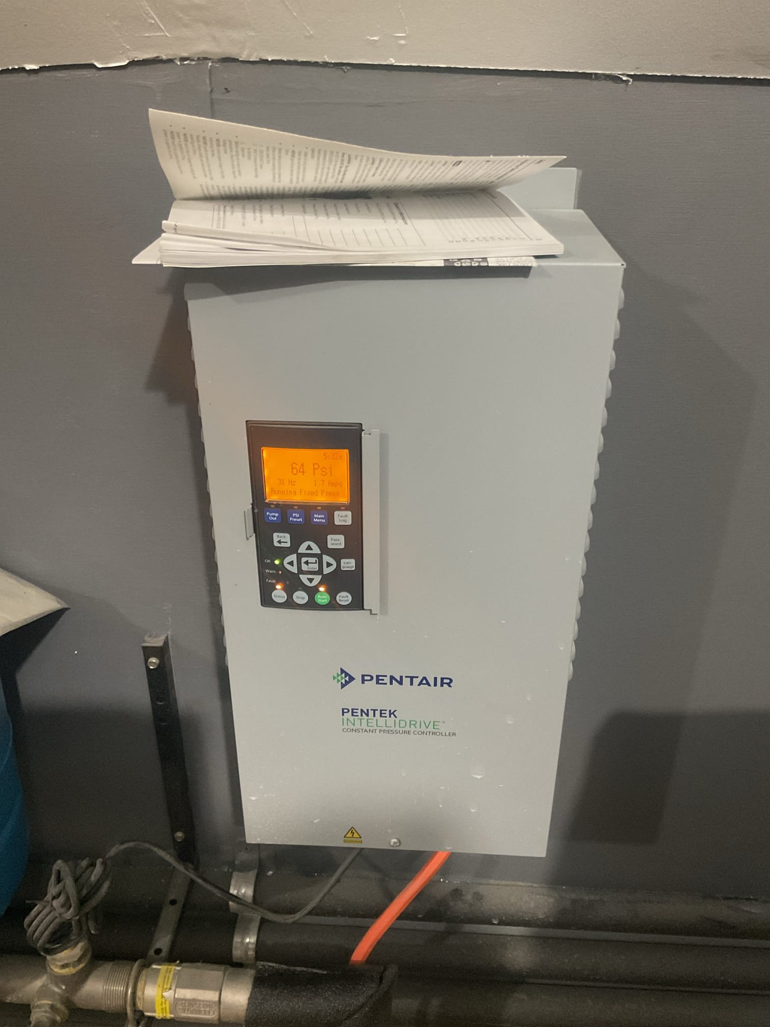 For this job, I responded to an after-hours no-water service call and determined the home was equipped with a Pentair constant pressure system. I was able to restore water service to the house by performing a hard reset of the system. During diagnosis, the system displayed an excessive run-time fault code and was in a locked-out condition. The customer was advised to contact wragg Bros for a more in-depth evaluation and service of the system. I inspected all interior faucets and toilets while the customers were away to verify there were no active leaks, and all fixtures appeared to be in proper working order. I did note a hose connected to the rear hose bib and informed the customer of the potential risks associated with leaving hoses attached during cold temperatures. Water service was restored and operational at the time of departure.