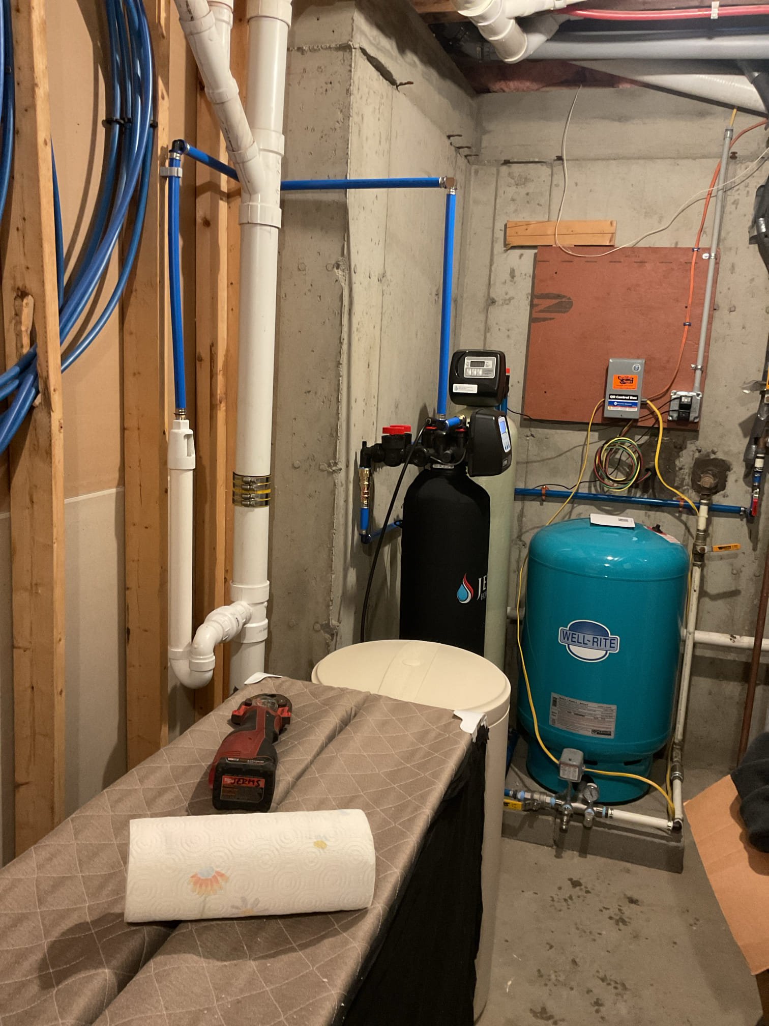 A one-cubic-foot water softener was installed at this location and tied in after the existing filtration system. All necessary plumbing connections were completed, and the system was thoroughly tested to confirm proper operation with no leaks present. A new drain connection was cut into the 3-inch main drain stack to properly accommodate the softener discharge. The regeneration cycle was programmed to run every 14 days at 2:00 AM. Upon completion, the system was placed into service and tested, and it was confirmed to be operating correctly. It is recommended that this unit receive annual maintenance to ensure continued high-level performance, and we also recommend returning in a couple of weeks to verify that the softening system is effectively removing all grains of hardness.
