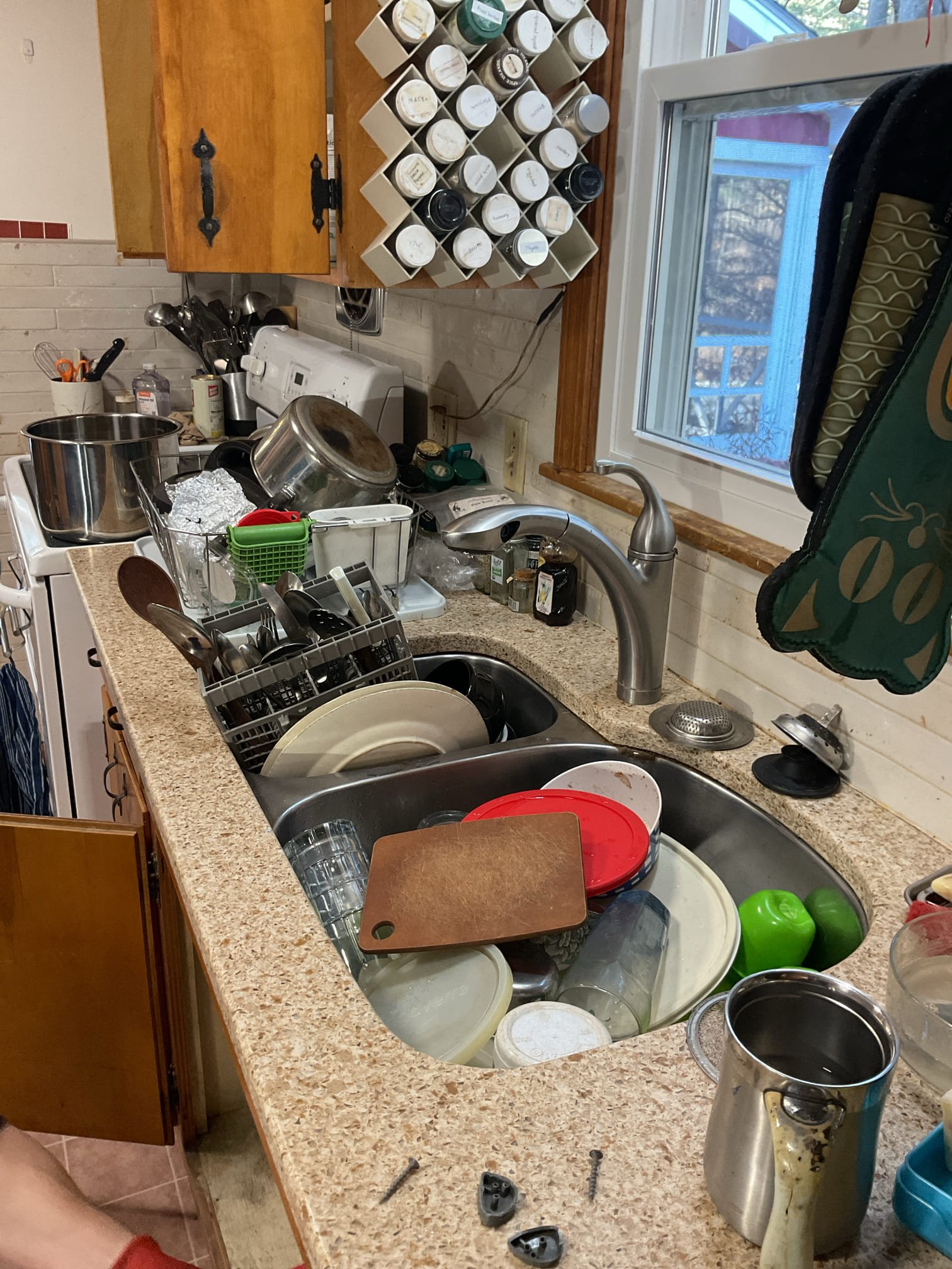 Upon arrival customer had a leaking section of  copper pipe hooked up to the sink, the dishwasher, and a vent. I removed leaking section of copper drain pipe and all plumbing beneath the sink. 

Techs installed new air admittance valve, p trap, basket strainer, and added a wye tailpiece to hook up the dishwasher discharge line. I also eliminated the capped off drain line in the cupboard along with the s trap for the dishwasher. I ran new 2” pvc drain with a clean out into existing pvc and thoroughly tested it. It’s draining well with no leaks present at time of service. 

Upon pulling out the dishwasher the dishwasher broke in both the seal on the side and in the water lines underneath the dishwasher. It was unable to be fixed. We left it disconnected and slid it into place to fill the void under the counter until it could be replaced. 

I have offered to install a new one free of charge if they would like to get a new one as a way to rectify this. 