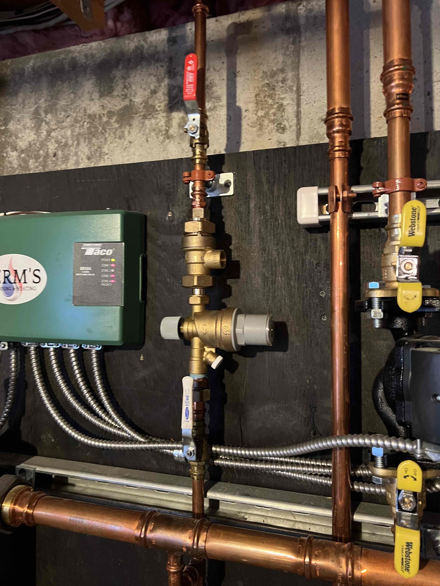 Arrived onsite to investigate a water leak from the heating system. The leak was coming from the backflow preventer vent. I replaced the backflow preventer and verified there are no water leaks at this time. 