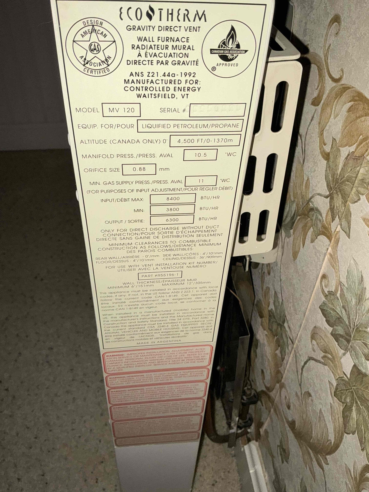 Looked at replacing direct vent propane heater in bedroom 