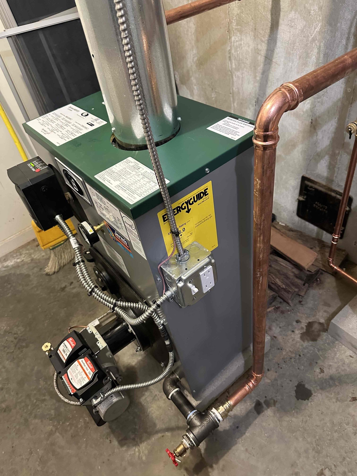 Replaced failed ultimate boiler with new Peerless oil boiler. Replaced air scoop, expansion tank, and venting. Rehooked to existing manifold and electrical components. Pumped 10 gallons of 50 50 mix glycol into system. Ensured proper operation of system, performed combustion test. Will have to return after chimney work is done to re calibrate boiler.