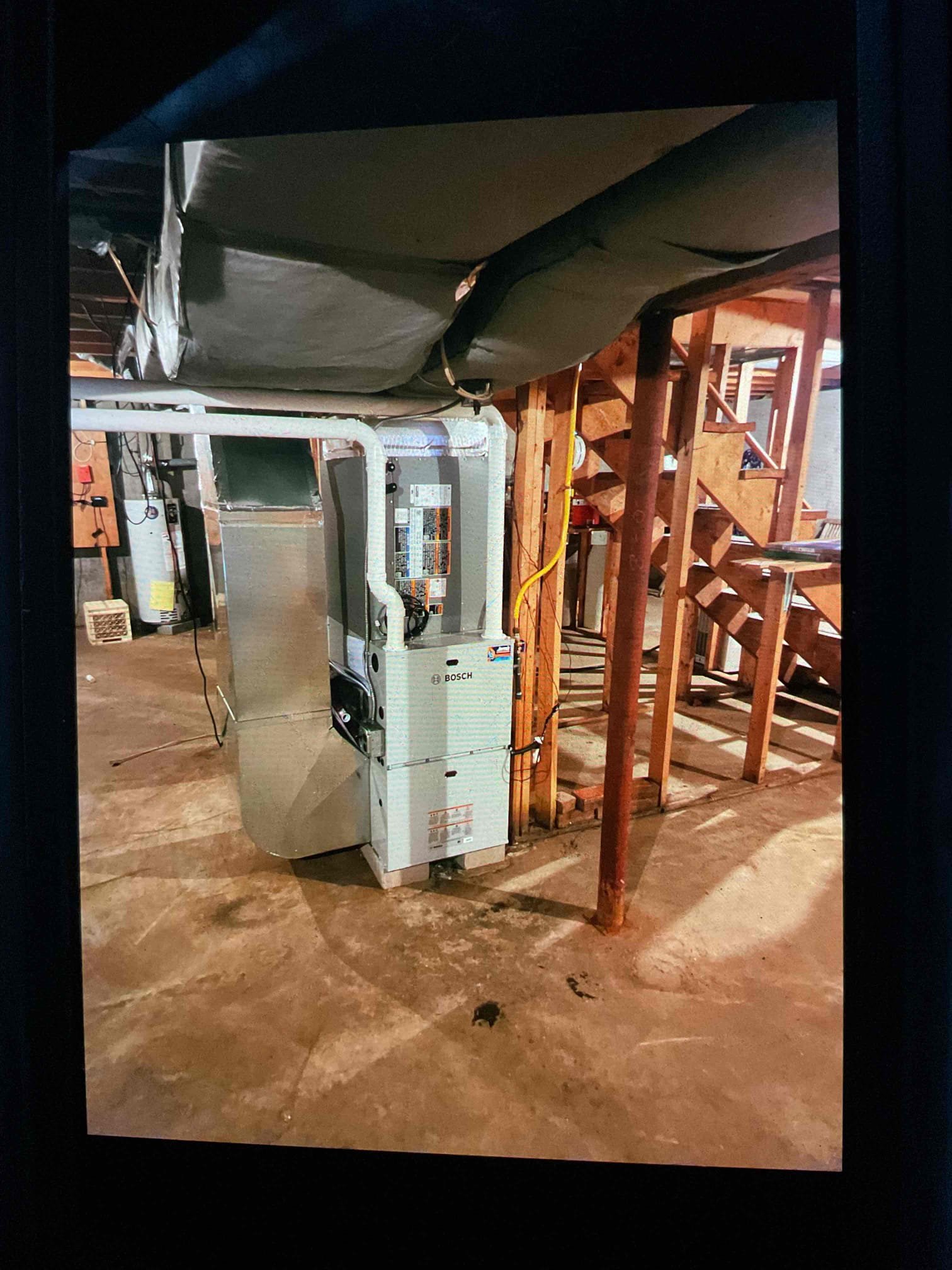 A Bosch high-efficiency propane furnace was installed to restore reliable heating, improve energy efficiency, and ensure consistent home comfort. Replaced plenums as needed, replaced near furnace venting, and re connected to existing low and high voltage electrical. Set gas pressures on low and high fire to ensure they were within spec, 3.7 inches on low fire, 8.5 inches on high fire. Performed leak check on gas system. Ensured proper operation of system. Will need to return in warmer weather to install AC components. Furnace is operational as is for heating use.