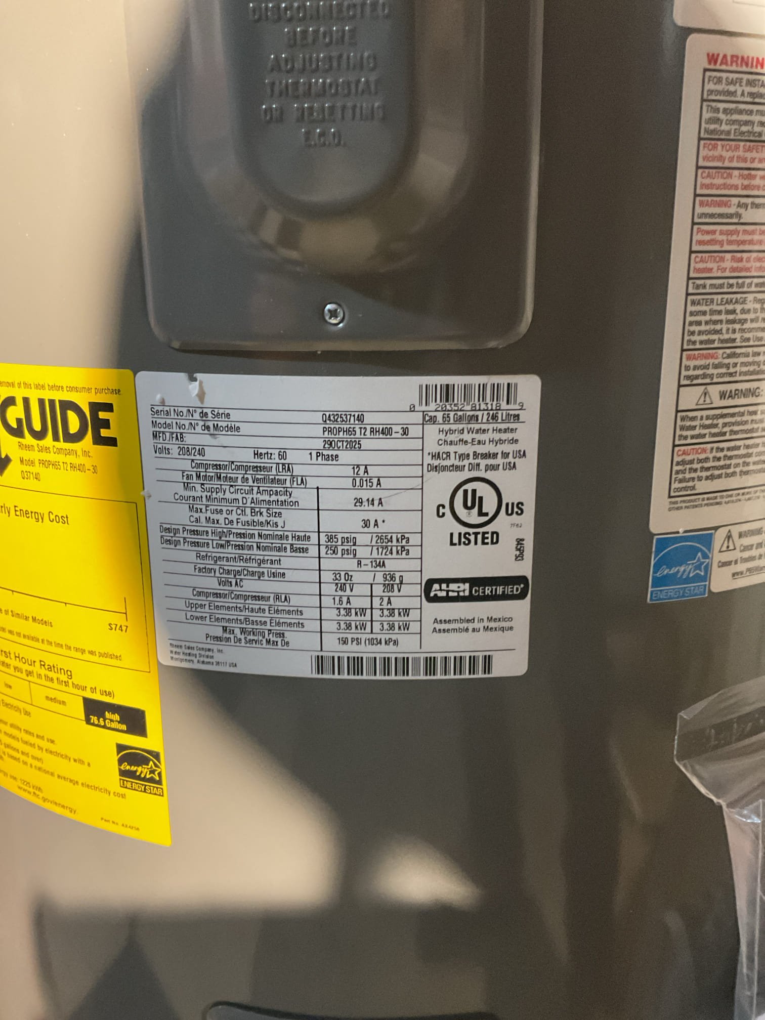 For this job, we diagnosed a no–hot-water issue on the existing Bradford White hybrid (heat pump) water heater and determined the unit was failing. Due to its condition, the water heater was removed and properly disposed of, and a new 65-gallon Rheem hybrid water heater was installed as a replacement. All water and electrical connections were completed in accordance with current plumbing and electrical codes, and the system was reconnected and secured for safe, reliable operation. As part of the installation, the expansion tank was rerouted and wall-hung using a proper mounting bracket for improved support and accessibility. The customer is a member of Jerm’s Home Care Club. Upon completion, the system was filled, purged of air, and fully tested, and the water heater was heating properly and operating as designed when we left the job site.