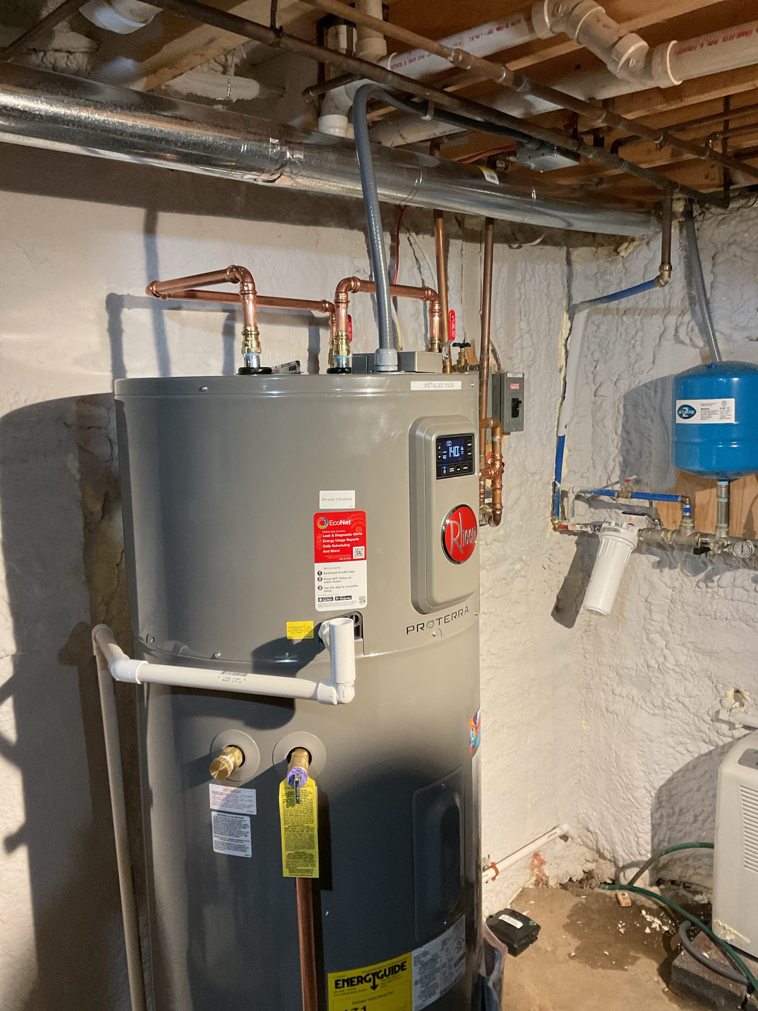 For this job, we diagnosed a no–hot-water issue on the existing Bradford White hybrid (heat pump) water heater and determined the unit was failing. Due to its condition, the water heater was removed and properly disposed of, and a new 65-gallon Rheem hybrid water heater was installed as a replacement. All water and electrical connections were completed in accordance with current plumbing and electrical codes, and the system was reconnected and secured for safe, reliable operation. As part of the installation, the expansion tank was rerouted and wall-hung using a proper mounting bracket for improved support and accessibility. The customer is a member of Jerm’s Home Care Club. Upon completion, the system was filled, purged of air, and fully tested, and the water heater was heating properly and operating as designed when we left the job site.