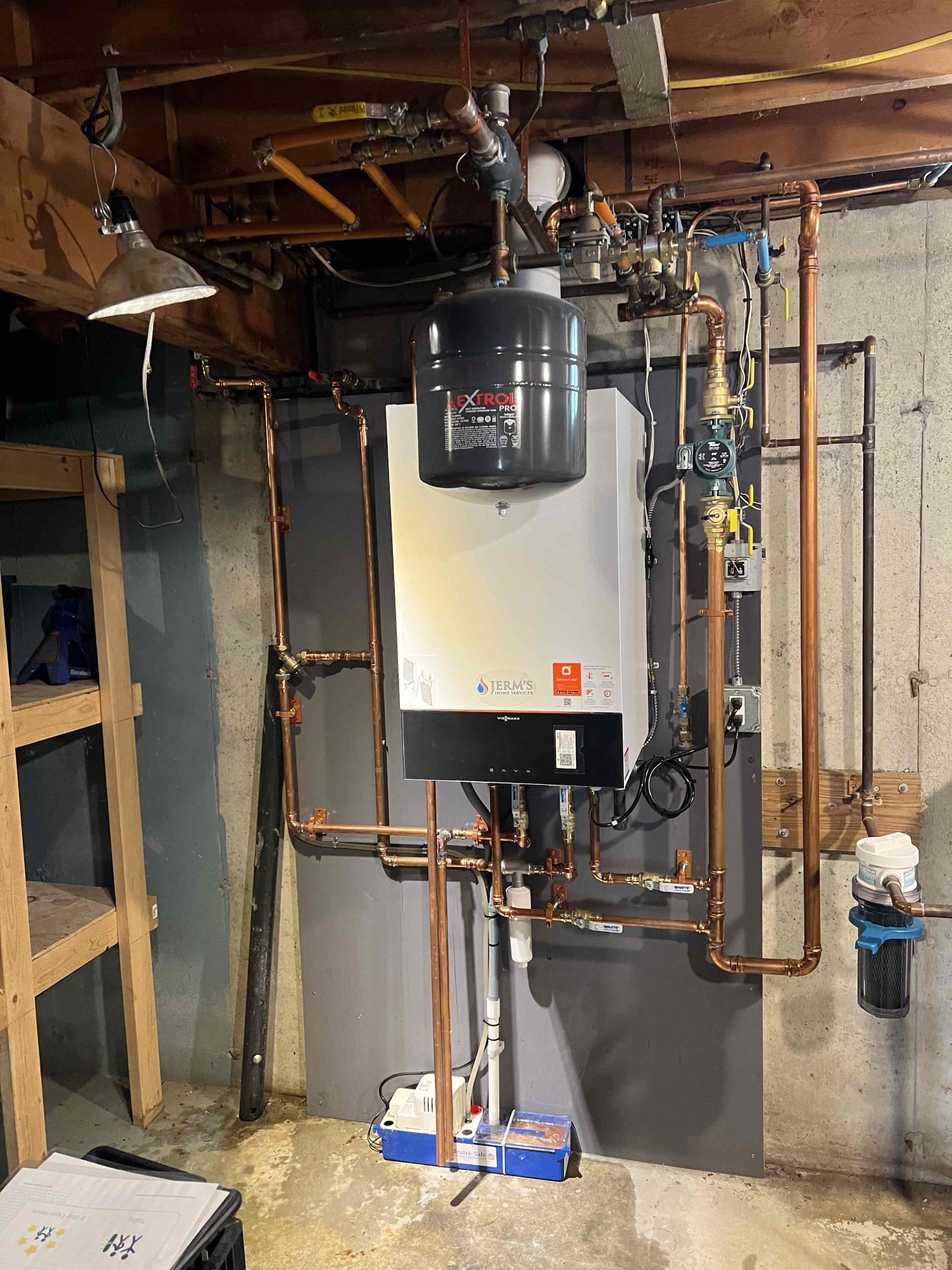 Arrived onsite to investigate insufficient hot water on a Viessmann combi propane boiler. We tested temperatures at the mixing valve and found 140°F on the inlet and 108°F on the outlet, indicating a failed mixing valve. With the customer’s approval, we replaced the mixing valve along with the scale stopper filter. After the repair, we verified 120°F water at the outlet of the mixing valve. Emailed estimates to perform an annual tune-up and flush the domestic heat exchanger.