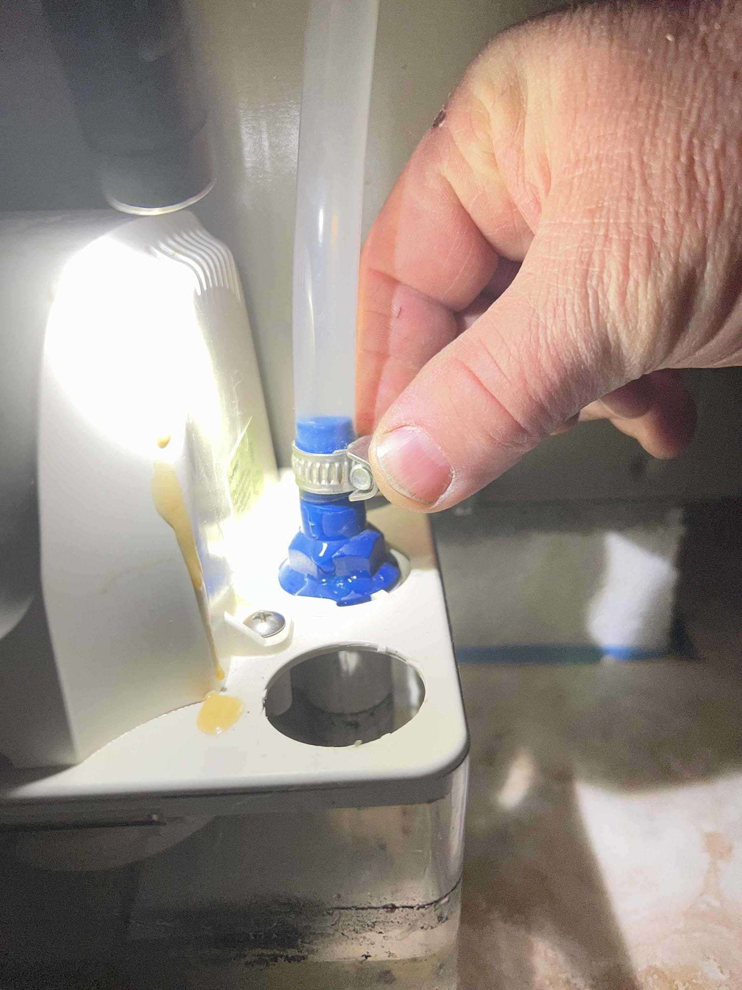 Arrived onsite to investigate water leaking from a condensate pump. We re-piped the condensate line from the furnace and installed new 3/8” vinyl tubing from the pump to the drain June 2025. We observed water leaking at the pump connection due to a loose hose clamp. The clamp was tightened and we verified there are no leaks at this time. We also provided an estimate to perform an annual furnace tune-up. This work was covered under Jerm’s warranty.