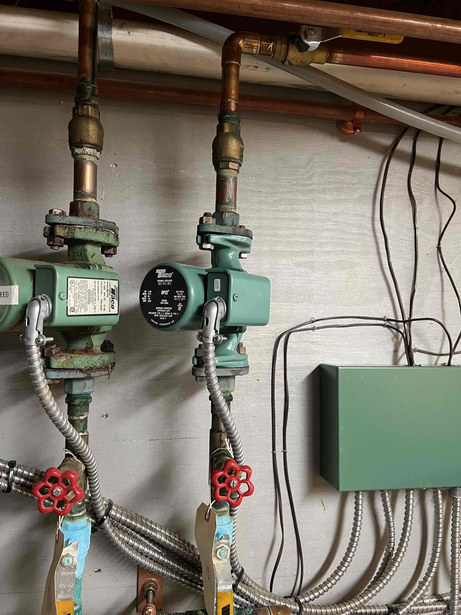 Arrived on site to investigate no heat in the den and upstairs bedrooms. Verified that both thermostats were calling and identified the circulators serving each zone. Tested both circulators and found that the den circulator had a high amp draw, while the bedroom circulator tested within normal range. Replaced the circulator for the den and verified proper operation.

The upstairs bedroom zone appears to be frozen, as there is no water flow. The piping is PEX and runs into a locked closet and then through the exterior walls upstairs. Access would need to be cut by a contractor to locate and address the frozen section of piping.