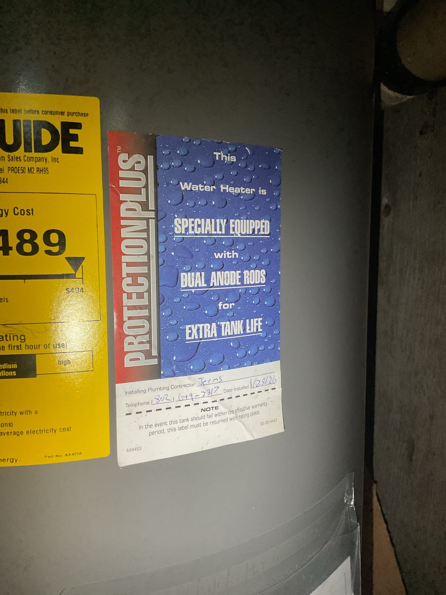 The existing 40-gallon water heater was found to be failing and no longer operating reliably. It was replaced with a new 50-gallon Rheem water heater to restore dependable hot water, improve efficiency, and ensure safe, consistent performance. We installed a 4 year warranty extension kit, to extend the factory warranty to 10 years total. As part of the installation, a new electrical box was installed on the wall and properly sealed with a watertight connection to protect the electrical components and meet safety standards. A mixing valve was installed on top of the water heater and set to 4.5 which is equivalent to 120 degrees Fahrenheit, this is Vermont’s anti scolding temperature. All work was inspected for leaks, and functionality. At this time there are no leaks, and the water heater is operating as it should.