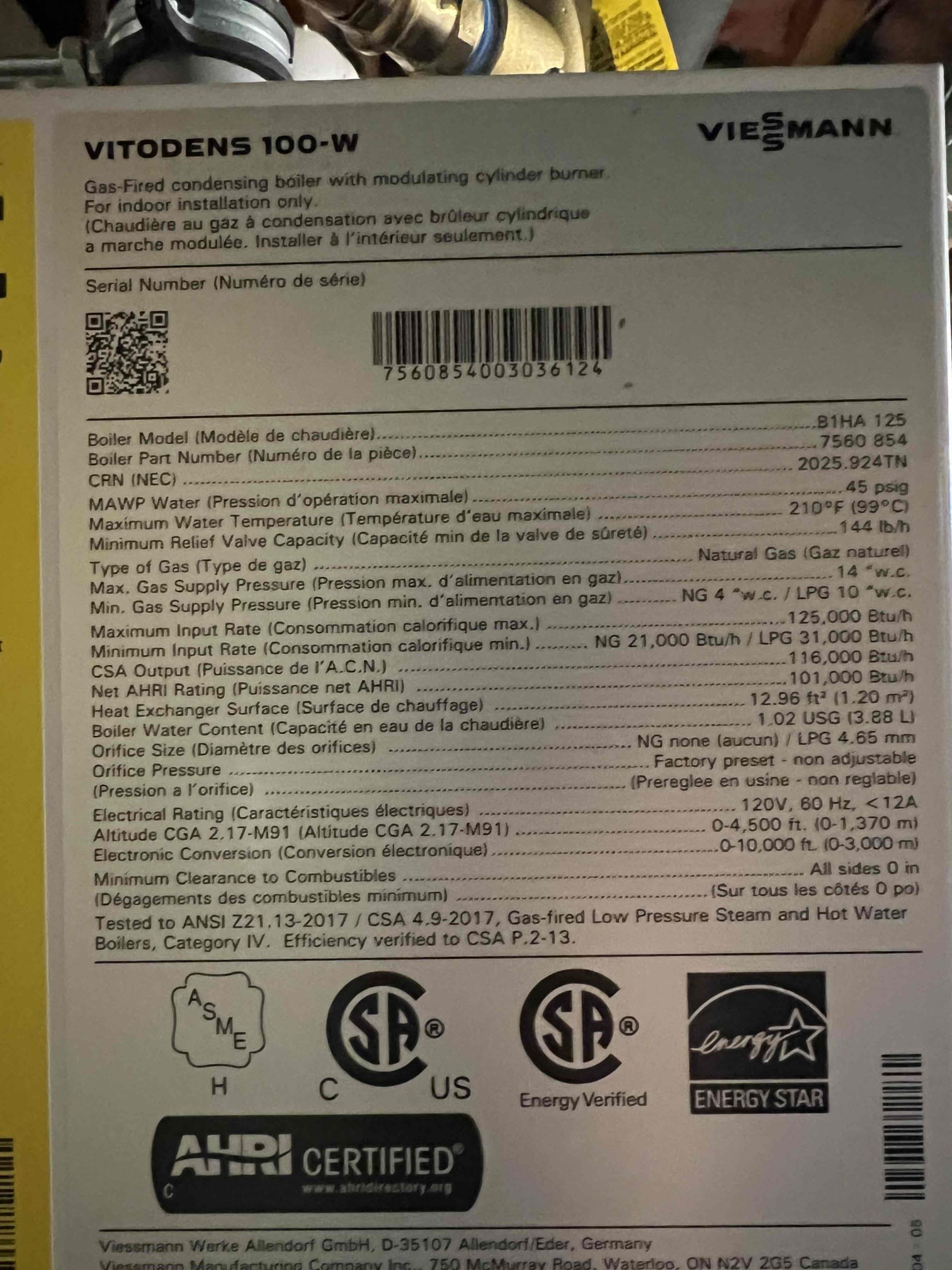 Arrived onsite to investigate intermittent heat issues on a Viessmann boiler that has faulted 4–5 times over the past month with an F4 (no flame signal) error code. We were onsite last month and replaced the igniter. I inspected the igniter wiring and found it to be within specifications. I checked the gas pressure and found it at the low end of the acceptable range at 10 in/wc, (specification is 10–14 in/wc.) I adjusted the gas pressure at the 2nd stage regulator to 13 in/wc.

Performed an annual tune-up, including cleaning the burner, heat exchanger, igniter, neutralizer and condensate trap. Inspected the expansion tank, relief valve, combustion, venting, and overall hydronic system operation. Bubble-tested the gas line and checked carbon monoxide levels; no leaks were found. Verified proper operation, and the system is working correctly at this time.