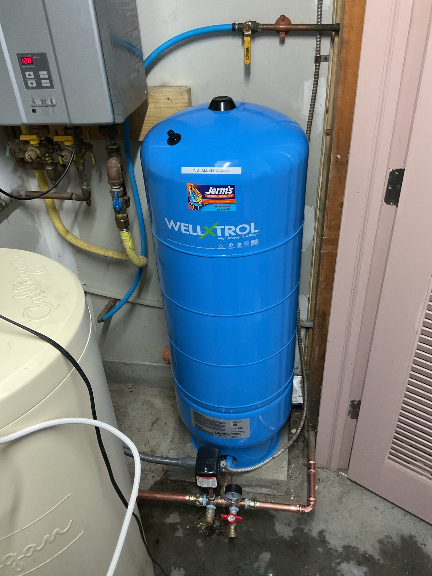 For this estimate, we replaced the existing 35-gallon Flex-Lite pressure tank with a 32-gallon skinny pressure tank due to internal bladder failure. After restoring water to the home, the existing tank was found to have only 18 PSI of air pressure; the system was drained and the tank was recharged and set to the proper pre-charge of 28 PSI to match system requirements, but it continued to malfunction and caused the well pump to short-cycle by rapidly turning on and off, confirming the tank was no longer serviceable. The failed pressure tank was removed and disposed of, the new 32-gallon skinny pressure tank was installed with all necessary plumbing connections completed, and the air charge was set correctly. Once installation was complete, the system was fully tested to verify proper operation, stable water pressure, and correct pump cycling.