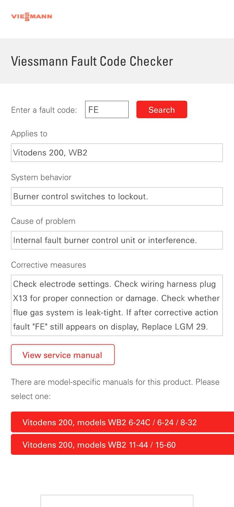 Arrived onsite to investigate a no-heat issue on a Viessmann propane boiler. Another heating company had previously been onsite and cleaned the boiler in an attempt to resolve the issue. During my evaluation, I found the boiler had an FE (flame failure) error code. I reset the unit, and it fired and ran properly .

While inspecting the boiler, I observed water leaking from a crack in the heat exchanger gasket. Due to the gasket not being available from the supply house, I sealed the leak using high-temperature silicone as a temporary repair.

I inspected and cleaned the igniter and flame sensor. I recommend replacing both components if the unit experiences another failure. I also checked gas pressure at the regulator and found it to be low at 10” WC. I adjusted the pressure to 13” WC. I also checked that the boiler is draining condensate properly. Bubble the gas pressure port and checked carbon monoxide levels, no leaks present.

An estimate was emailed to the customer to replace the i
