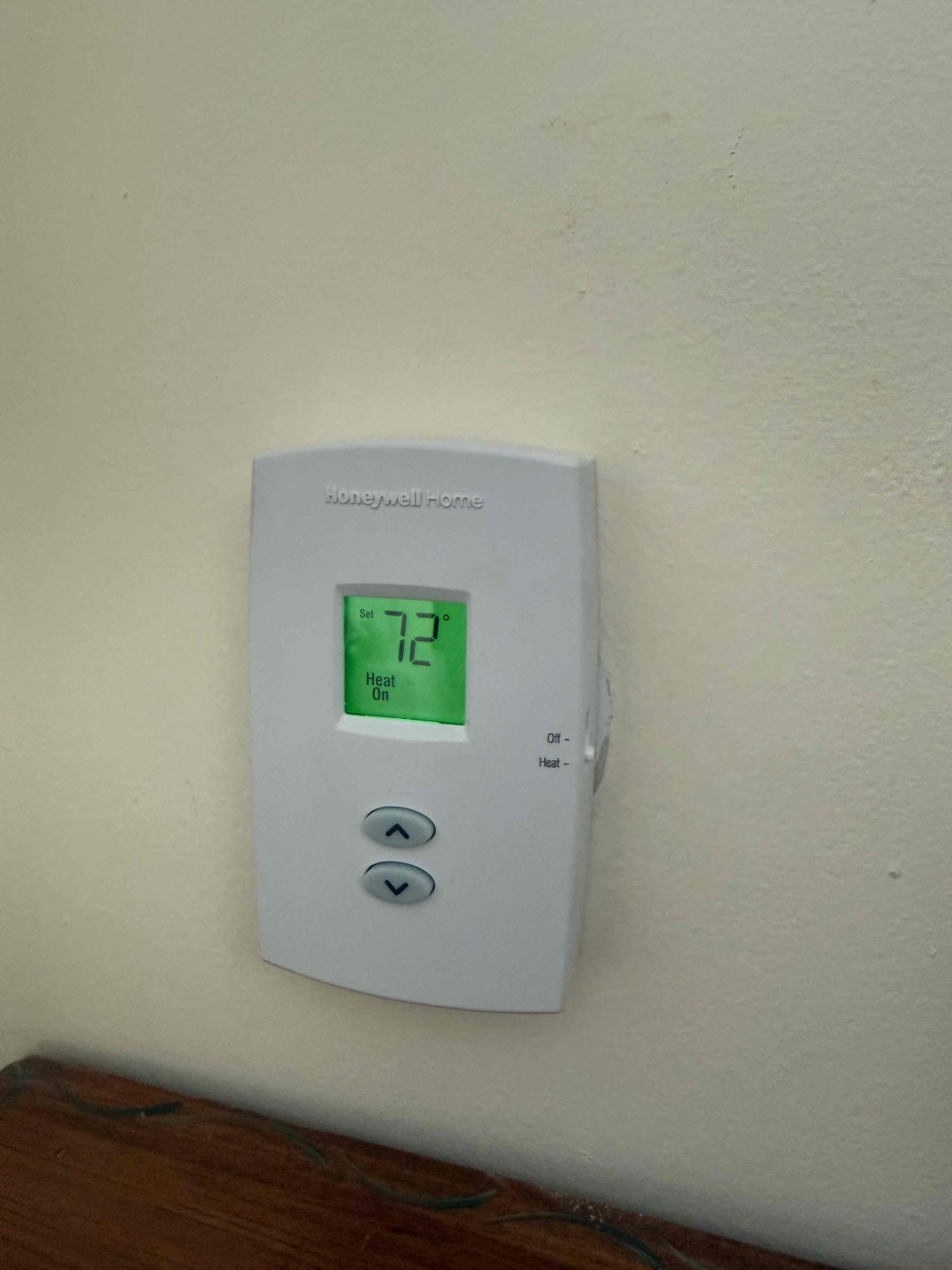 Replaced and installed thermostat in main living area that does not seem to be keeping the room warm. I tested operations of thermostat and everything is working as it should, I will return to replace the baseboard in the front room at another date.