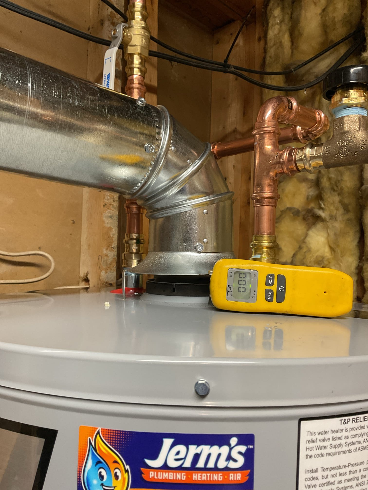 Arrived on site to replace propane water heater. Upon arrival, we drained the old water heater and disconnected the gas line. Once drained, we put the new tank in its place. Piped up the water heater to connect to the existing hot and cold lines. We installed a new mixing valve which we set to 4.5 which is about 120 degrees. The tank is set to “B” which is about 140 degrees. Once water heater was piped up we filled the tank while checking for leaks. No leaks present and we purged the lines of air. Connected gas line and bubble tested connections. No leaks present. We ran new venting to the chimney and sealed it with furnace cement. Fired up water heater and checked for CO inside mechanical room. No CO present and water heater is drafting properly. 

Thank you for your business!