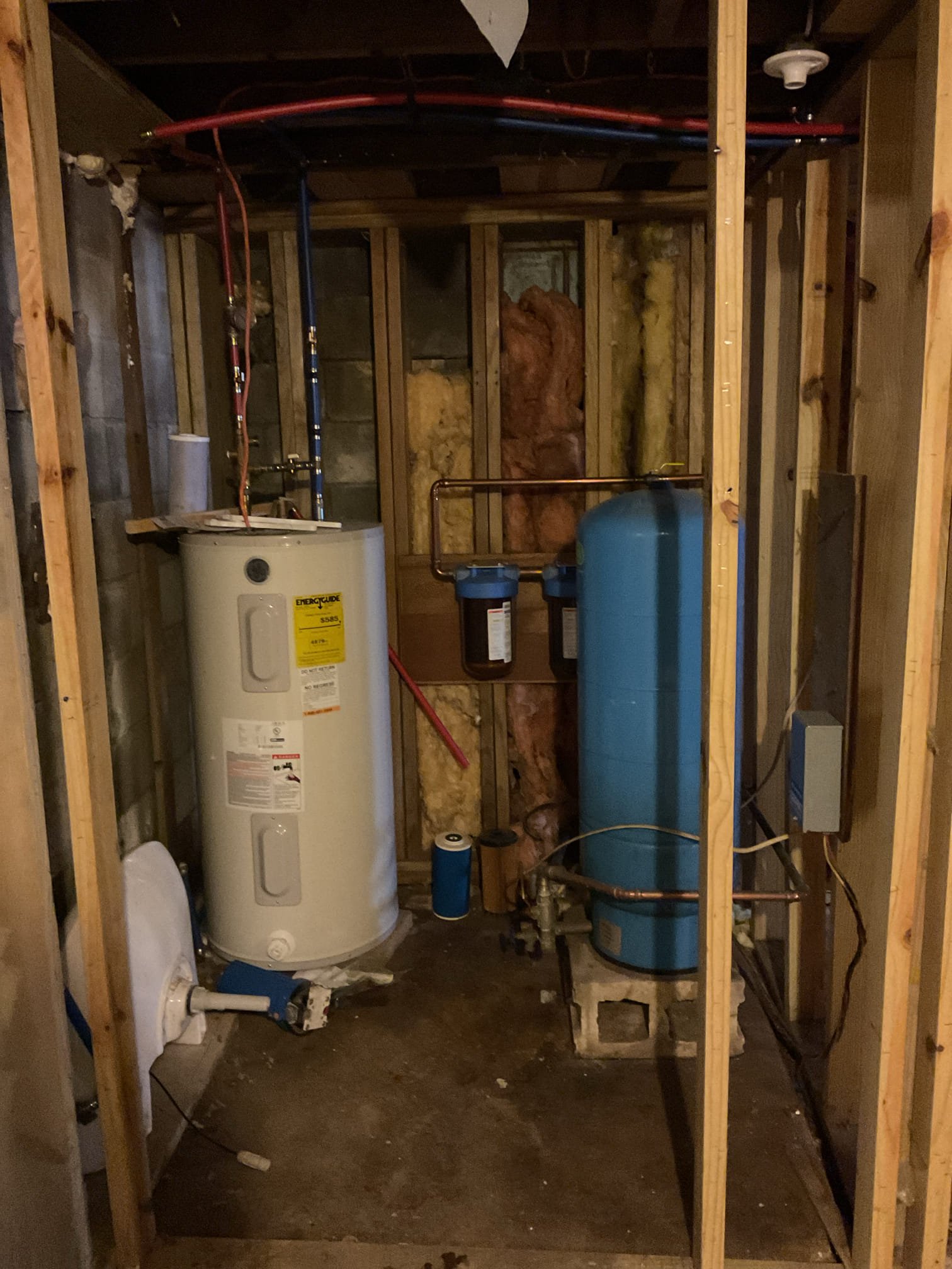 Water service was restored and the plumbing system was pressure-tested to confirm proper operation and ensure there were no leaks, holding 100 PSI on the cold line for 15 minutes and 80 PSI on the hot and cold lines for 15 minutes with no pressure loss. A minor leak at the water heater relief valve was corrected, and the well pump, pressure tank, and water heater were returned to normal operation—restoring safe, reliable water service to the home. Air was bleed from all lines and aerators cleaned out on fixtures. Verified proper operation on all fixtures within home including toilets, sinks, tub/showers, clothes washer and hose connection in basement.