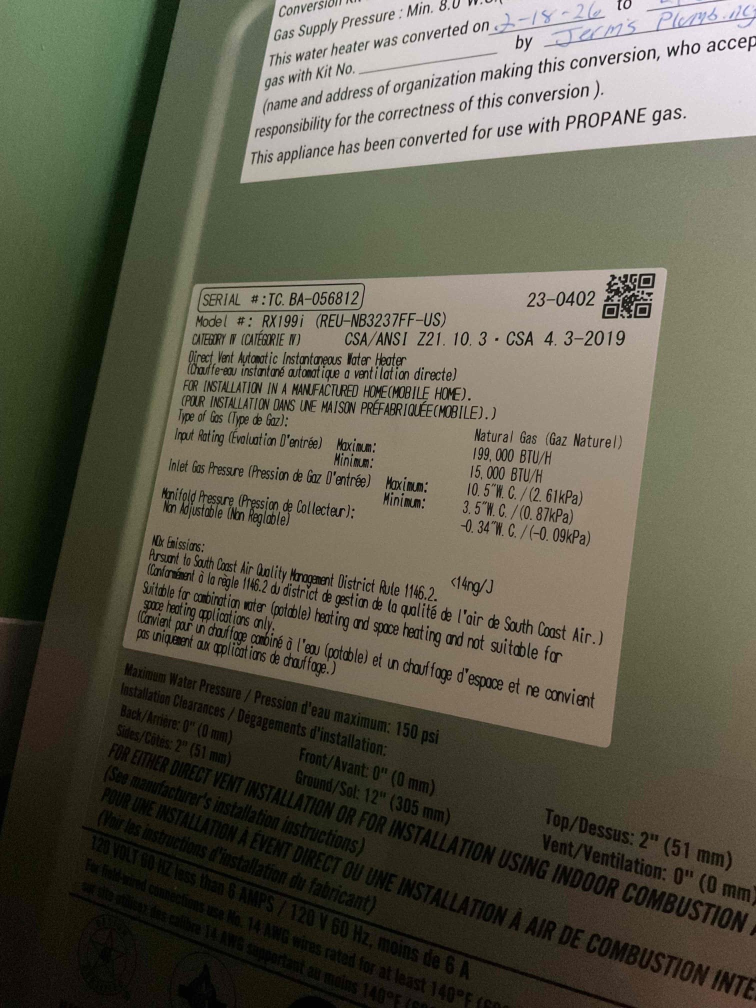  Installed a new Viessmann boiler and corrected the exterior venting to improve system reliability, efficiency, and safe operation. Connected to existing heating and electrical systems. Purged boiler free of air. Performed 3 minute gas leak check at 8 inches of water column. Performed combustion test of boiler and confirmed proper operation of boiler.
 Installed a Rinnai on-demand propane water heater flowed water through existing indirect tank to ensure tank stays flushed. Installed bypass valves to make on demand water heater the prime source for hot water. 