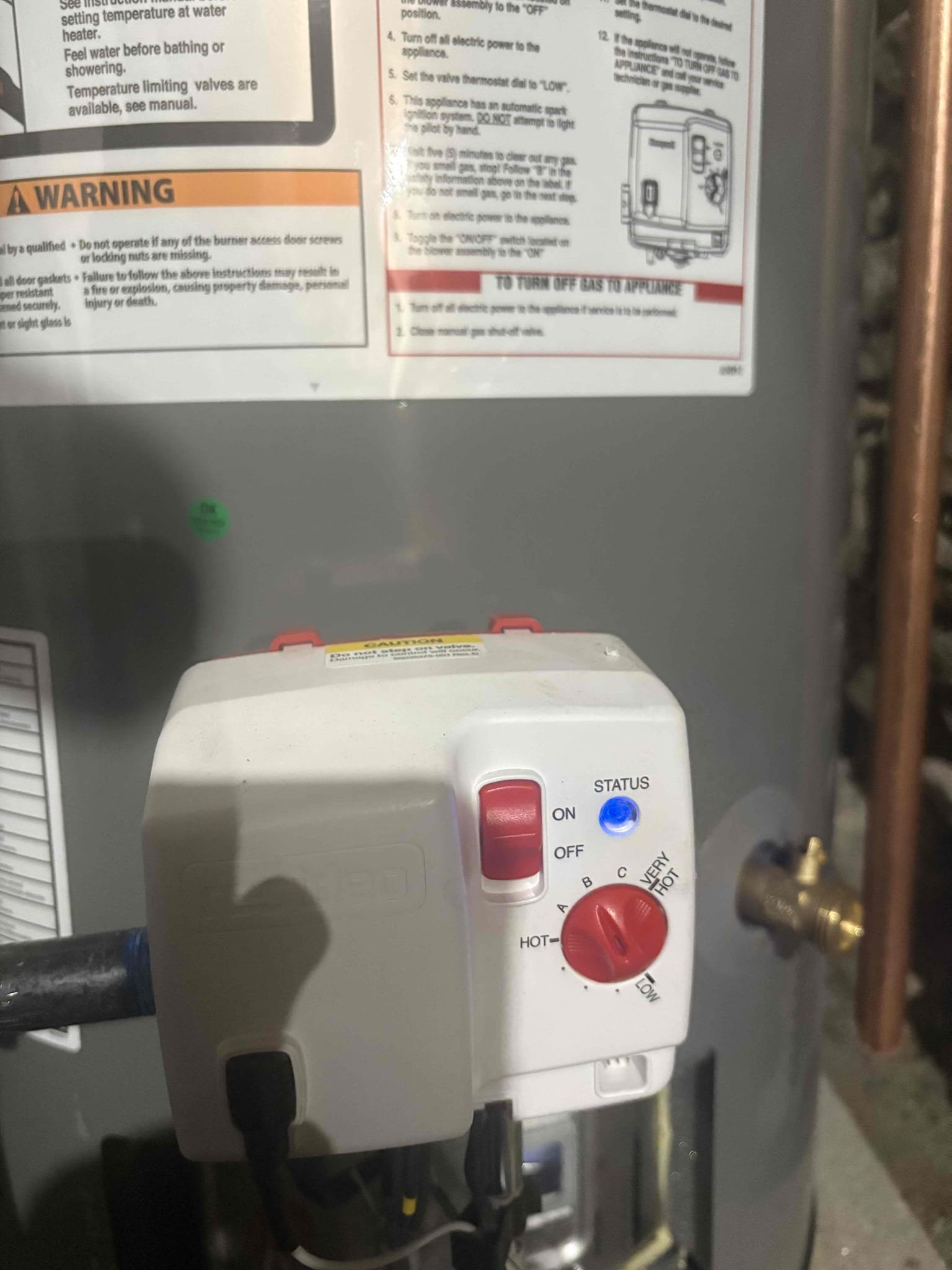 Completed installation of a Rheem 40-gallon power-vented propane water heater.

Installed a new electrical outlet above the unit to supply power to the power venter. The water heater was filled and purged of air, and proper operation was verified.

The mixing valve was set to 120°F, and the tank temperature was set to 140°F.

The unit is operating properly at this time.

