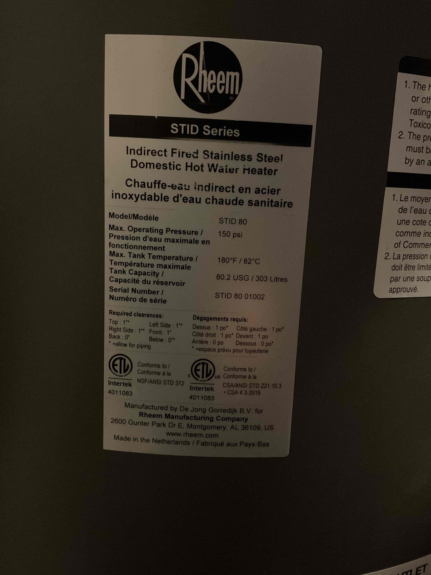 We installed new 80 gallon Rheem indirect water heater. Installed new Aquastat, mixing valve, and near water heater piping. Set tank temp to 140 degrees, set mixing valve to deliver 120 degree water to fixtures. Confirmed proper operation of system. 