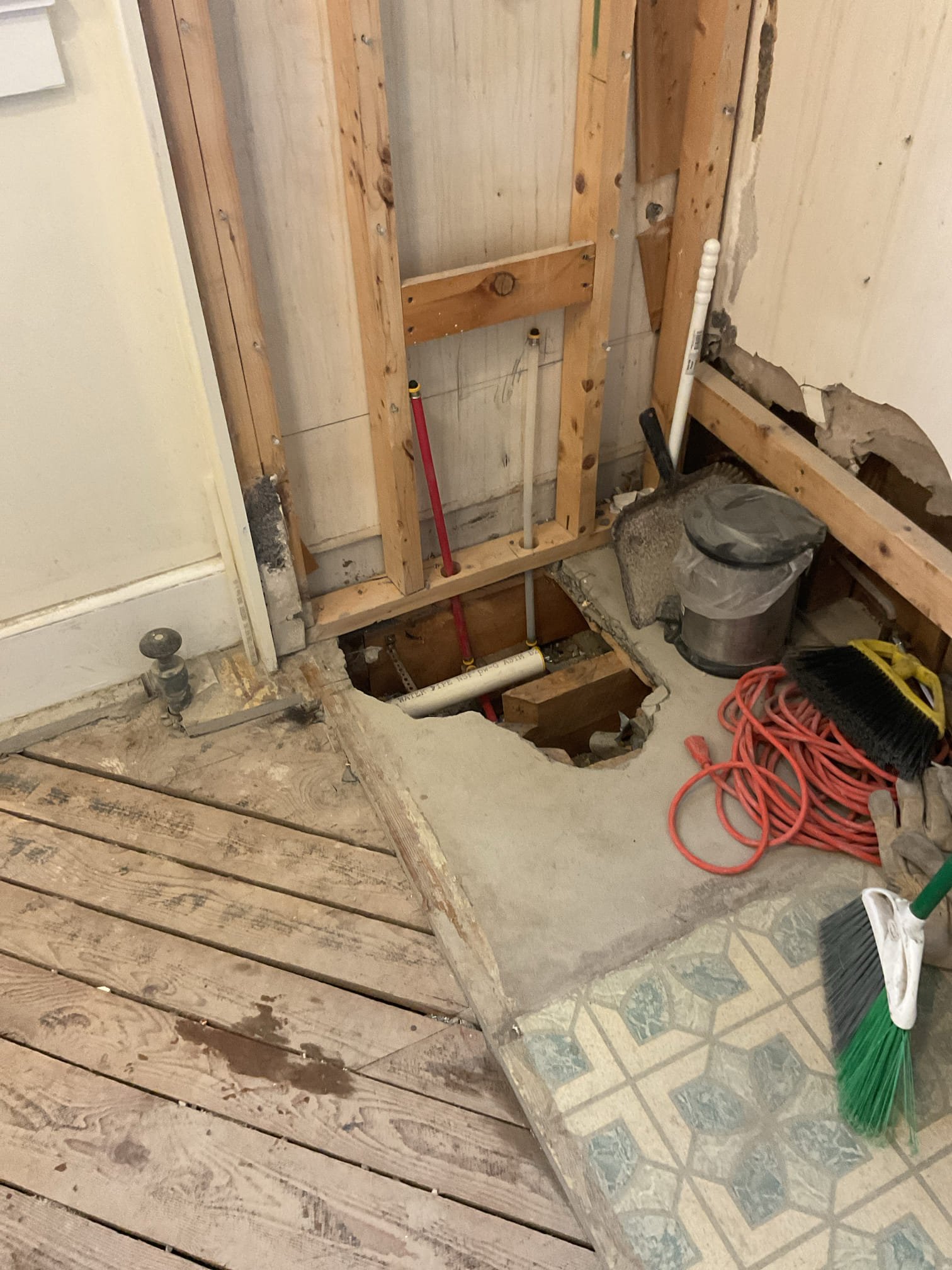 We identified that the second-floor bathroom requires new plumbing lines to support future fixtures. We propose installing the bathroom rough-in plumbing to ensure proper water supply and drainage, providing a reliable foundation for a safe and efficient bathroom remodel.

1/19/26
On the first day of the rough-in phase for the bathroom remodel, existing subfloor and wall sections were carefully cut and removed as required to access the drainage system. Deteriorated and affected cast iron and galvanized steel drainage piping was fully removed. New PVC drainage piping was properly installed to current code standards, ensuring improved flow, reliability, and long-term performance of the plumbing system. All work was completed as part of the rough-in preparation to support the ongoing bathroom renovation.

1/20/26
Completed the rough-in phase of the bathroom remodel. All new drainage and water supply lines were properly installed and routed to the designated locations for future fixtures p