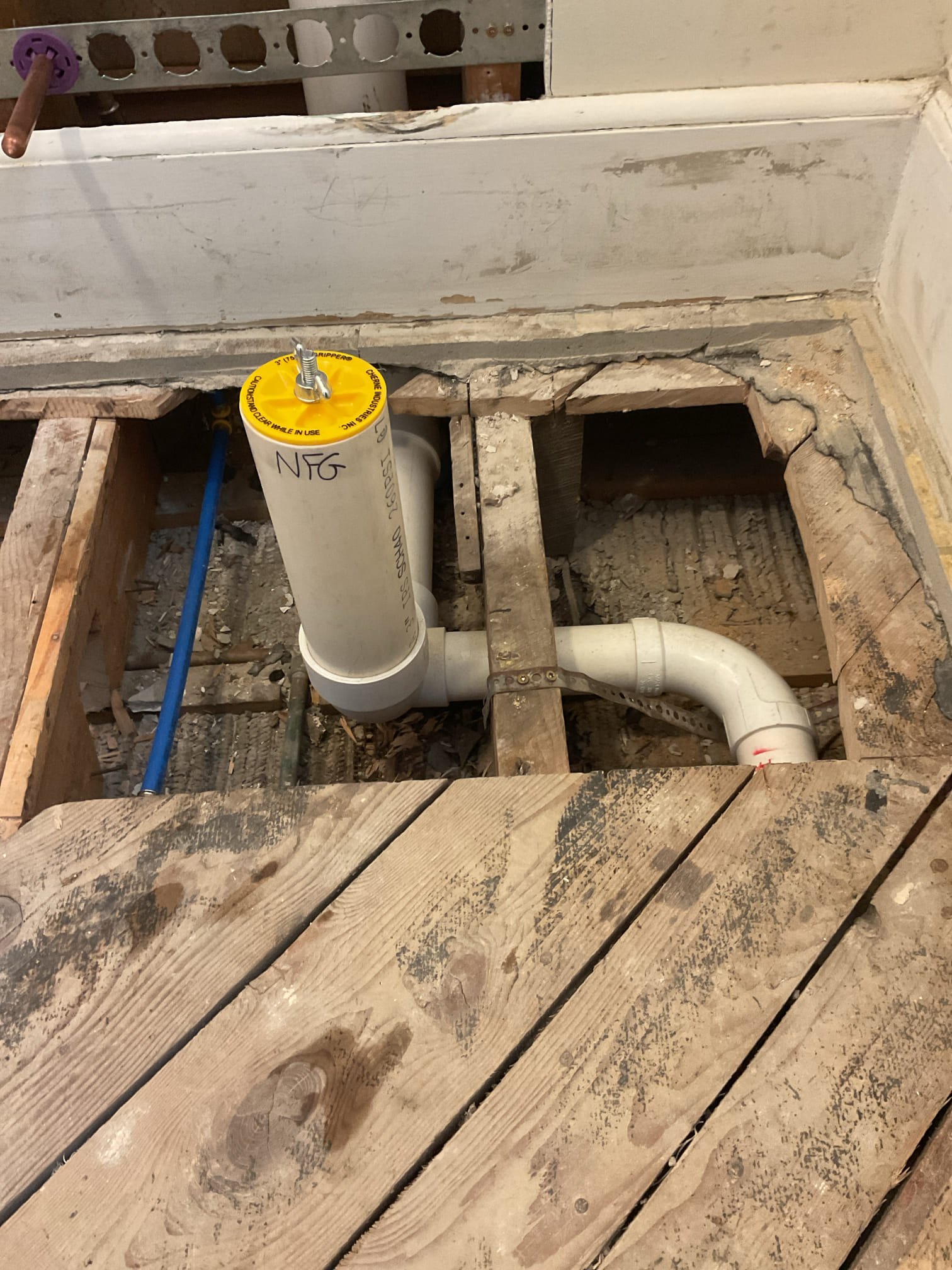 We identified that the second-floor bathroom requires new plumbing lines to support future fixtures. We propose installing the bathroom rough-in plumbing to ensure proper water supply and drainage, providing a reliable foundation for a safe and efficient bathroom remodel.

1/19/26
On the first day of the rough-in phase for the bathroom remodel, existing subfloor and wall sections were carefully cut and removed as required to access the drainage system. Deteriorated and affected cast iron and galvanized steel drainage piping was fully removed. New PVC drainage piping was properly installed to current code standards, ensuring improved flow, reliability, and long-term performance of the plumbing system. All work was completed as part of the rough-in preparation to support the ongoing bathroom renovation.

1/20/26
Completed the rough-in phase of the bathroom remodel. All new drainage and water supply lines were properly installed and routed to the designated locations for future fixtures p