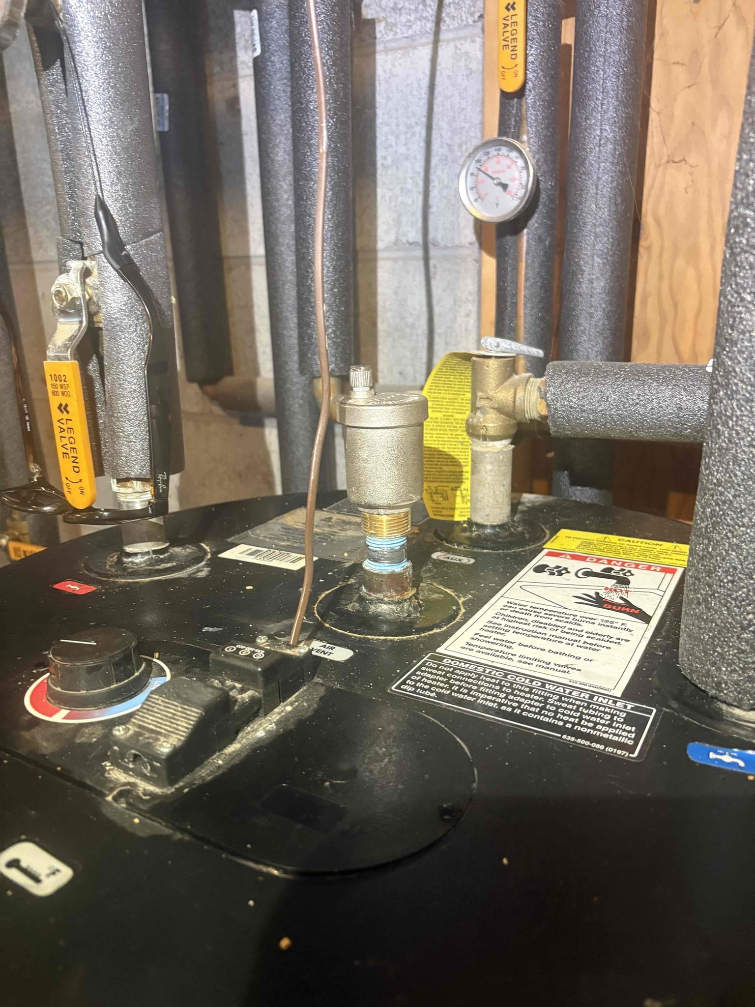 Replaced failed ST-5 expansion tank on the indirect water heater. The new expansion tank was pressurized to 60 PSI to match house water pressure. System was checked and confirmed leak-free.

Replaced failed Hy-Vent air eliminator on the heating side of the indirect water heater. The zone was purged of air and proper circulation was verified.

All fittings and components were inspected. No leaks are present.

The system is operating properly at this time.
