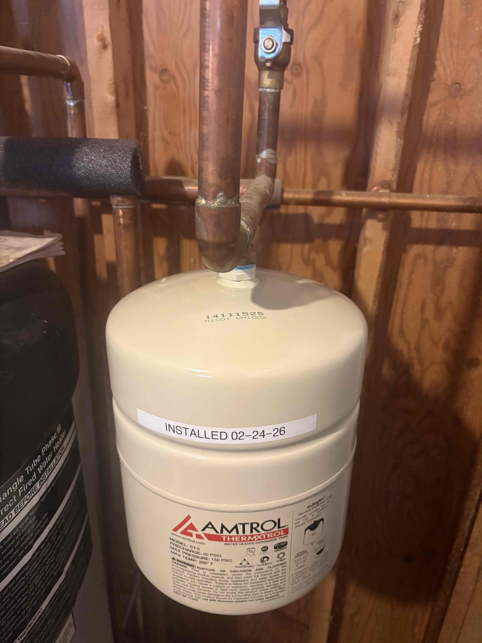 Replaced failed ST-5 expansion tank on the indirect water heater. The new expansion tank was pressurized to 60 PSI to match house water pressure. System was checked and confirmed leak-free.

Replaced failed Hy-Vent air eliminator on the heating side of the indirect water heater. The zone was purged of air and proper circulation was verified.

All fittings and components were inspected. No leaks are present.

The system is operating properly at this time.
