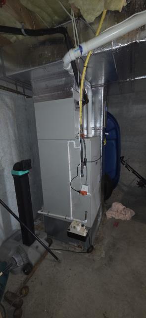 Supplied and changed the 25 x 25 x 1 air filter. Cleaned the flame sensor. Blew out the condensate and pressure switch tubing. checked blower capacitor. Shop-vacuumed the inside of the furnace and burner box. Checked the temperature rise. Performed a combustion analysis. The furnace shows early signs of a crack in the heat exchanger. The furnace has a slightly orange flame, has high oxygen levels, and slightly high carbon monoxide levels. The furnace is operating safely and not putting any carbon monoxide into the ductwork. 