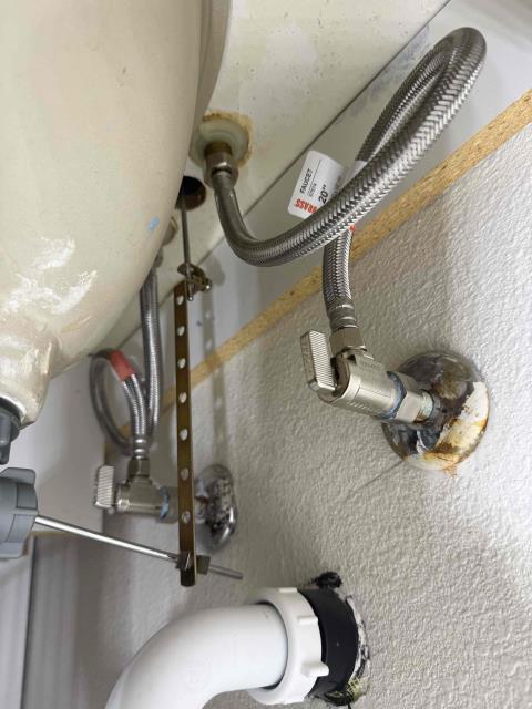 The technician installed 15 emergency shut off valves with supply lines, (10 for bathroom faucets , 3 for toilets, and 2 for the kitchen)  a customer supplied bathroom faucet with pop up assembly, a customer supplied Moen posi-temp cartridge with tub/shower trim which included the trim plate and handle, the handheld shower head, tub spout, and the overflow plate. The technician also replaced the flapper and fill valve in the master bathroom toilet. The old emergency shut off valve for the toilet in the master bathroom had been installed too tightly which caused leaking so the technician had to cut off the end of the stubout and solder a coupling with a new stubout to properly and securely install the emergency shut off valve for that toilet.  The technician installed 15 emergency shut off valves with supply lines, (10 for bathroom faucets , 3 for toilets, and 2 for the kitchen)  a customer supplied bathroom faucet with pop up assembly, a customer supplied Moen posi-temp cartridge with tub/shower trim which included the trim plate and handle, the handheld shower head, tub spout, and the overflow plate. The technician also replaced the flapper and fill valve in the master bathroom toilet. The old emergency shut off valve for the toilet in the master bathroom had been installed too tightly which caused leaking so the technician had to cut off the end of the stubout and solder a coupling with a new stubout to properly and securely install the emergency shut off valve for that toilet.