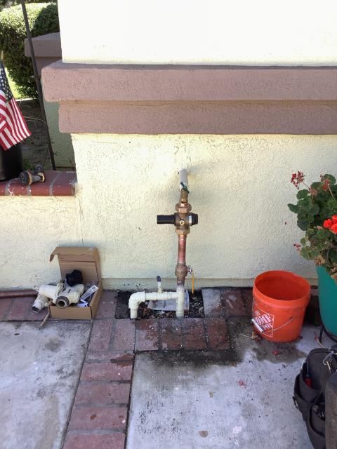 Replacement of 1.25" PRV with ball valve and hose bib.
Included the anti syphon valve at the back yard with hose bib. Both hose bibs have vacuum breakers installed.