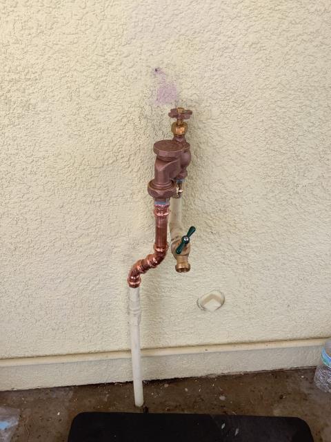 Replacement of 1.25" PRV with ball valve and hose bib.
Included the anti syphon valve at the back yard with hose bib. Both hose bibs have vacuum breakers installed.
