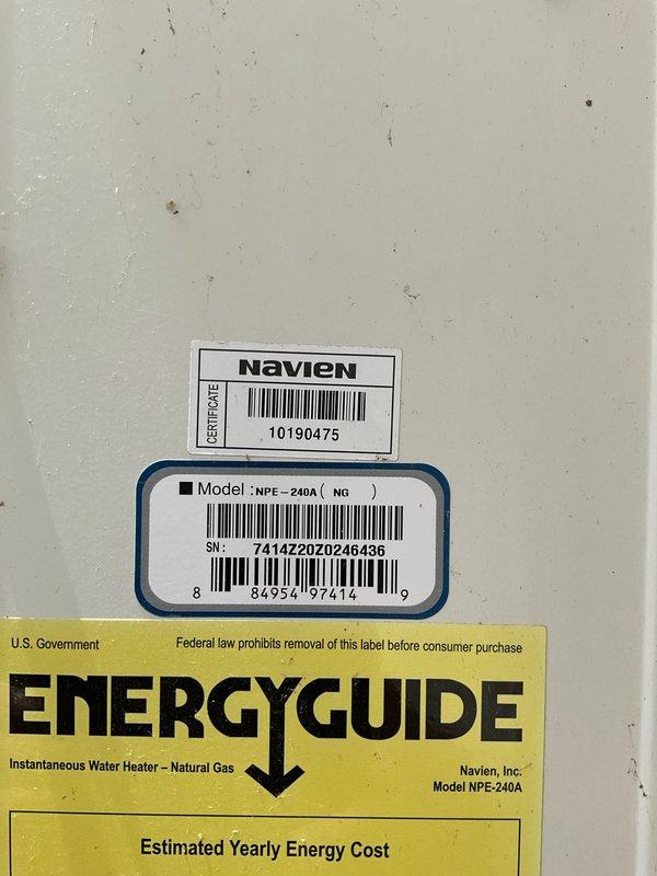 Performed preventative maintenance and descaling service on two Navien NPE-240A natural gas tankless water heaters installed in 2021 and located on the exterior of the residence. Both units had not been serviced in approximately two years and required thorough flushing to remove mineral buildup and maintain optimal performance. Completed full descaling procedure on both tankless units using appropriate cleaning solution, flushed heat exchangers, inspected inlet filters, verified proper gas combustion, and confirmed all operational parameters were within manufacturer specifications.