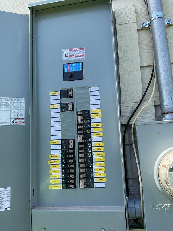 Completed comprehensive electrical maintenance inspection on 1995 residential property with recently installed main electrical panel. Performed thorough evaluation of all circuit breakers, bus bar connections, and panel integrity. Inspected main disconnect, verified proper torque on all terminal connections, and tested breaker functionality throughout the dual-column breaker arrangement. Evaluated neutral bar connections and grounding system integrity. Assessed exterior-mounted panel enclosure for proper weatherproofing and conduit sealing. Reviewed circuit labeling and updated panel directory for accuracy. Discussed generator connection requirements with homeowner and provided recommendations for future interlock installation and dedicated generator receptacle circuit to enable backup power capability during outages. All breakers operating within normal parameters, no immediate safety concerns identified. Panel showing excellent condition with proper wire management and secure connect