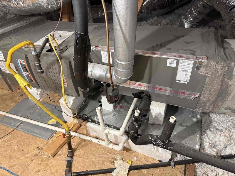 Completed spring maintenance on a 3-year-old Lennox single-stage cooling system serving a 3,749 square foot residence. Inspected outdoor condensing unit, verified proper operation of compressor and condenser fan motor, and checked refrigerant levels. Accessed attic-mounted air handler, inspected blower assembly, verified proper airflow through evaporator coil, and tested condensate drain line functionality. All system components operating within manufacturer specifications with no deficiencies noted at time of service.
