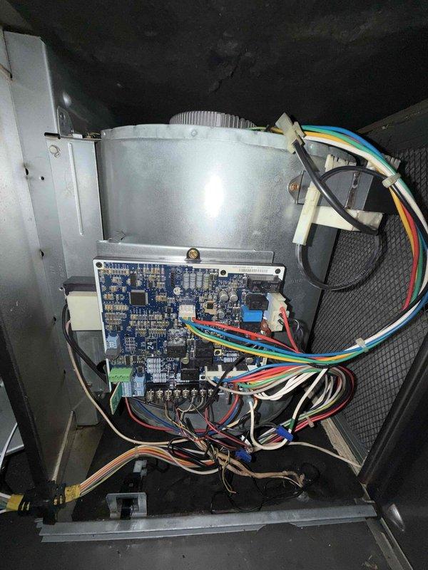 Responded to no cooling call with indoor temperature at 83°F despite thermostat set to 79°F. Upon inspection, found 5-year-old system attempting to start but shutting down immediately. Accessed attic unit and inspected control board and blower assembly. Identified faulty control board causing system lockout. Replaced defective circuit board, verified all wire connections and harnesses were properly secured, and tested blower motor operation. Cycled system multiple times to confirm proper startup sequence and continuous operation. System now cooling effectively with no error codes present.